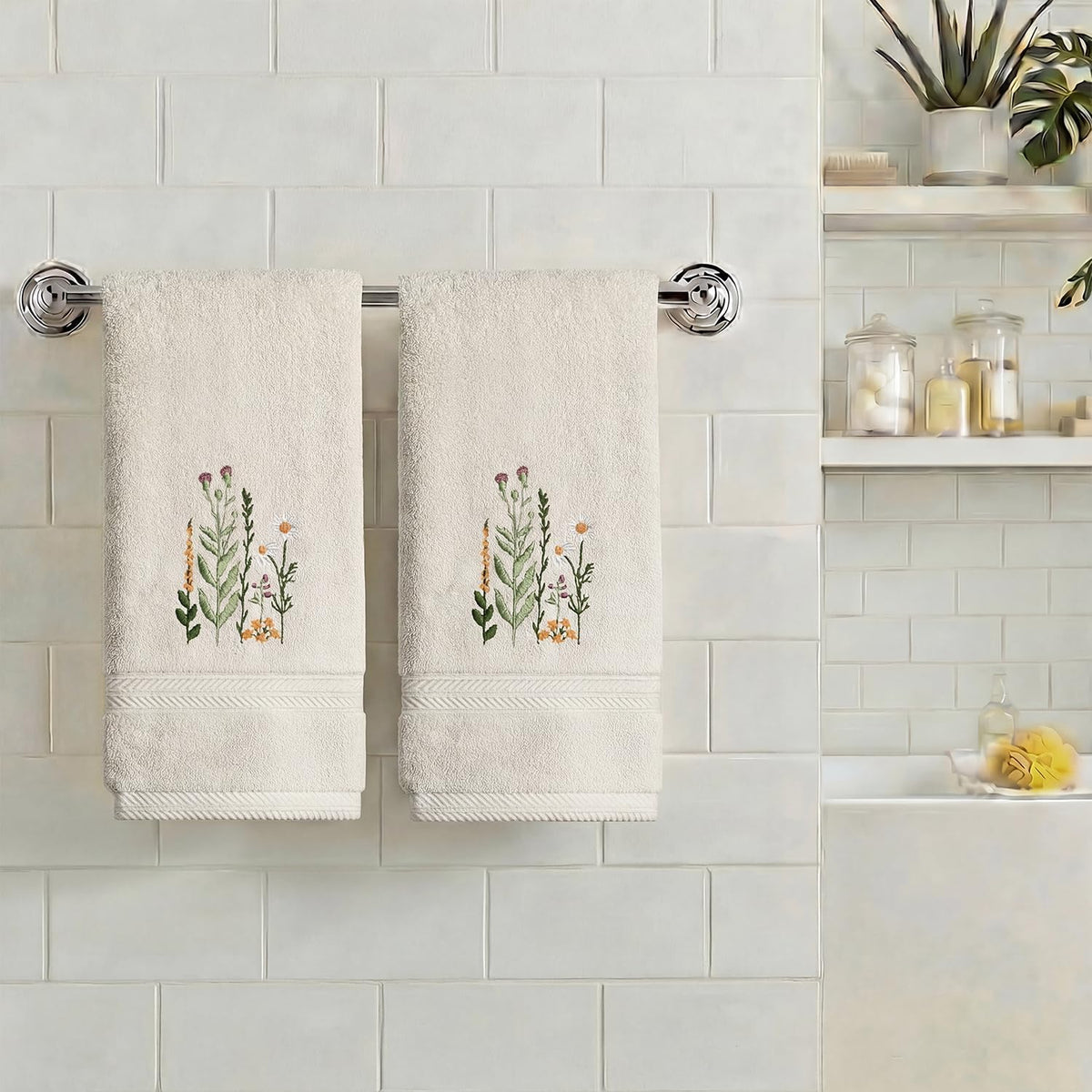 Artoid Mode 2 Pcs Beige Wildflower Floral Embroidered Hand Towels for Bathroom, 100% Cotton Soft Absorbent Farmhouse