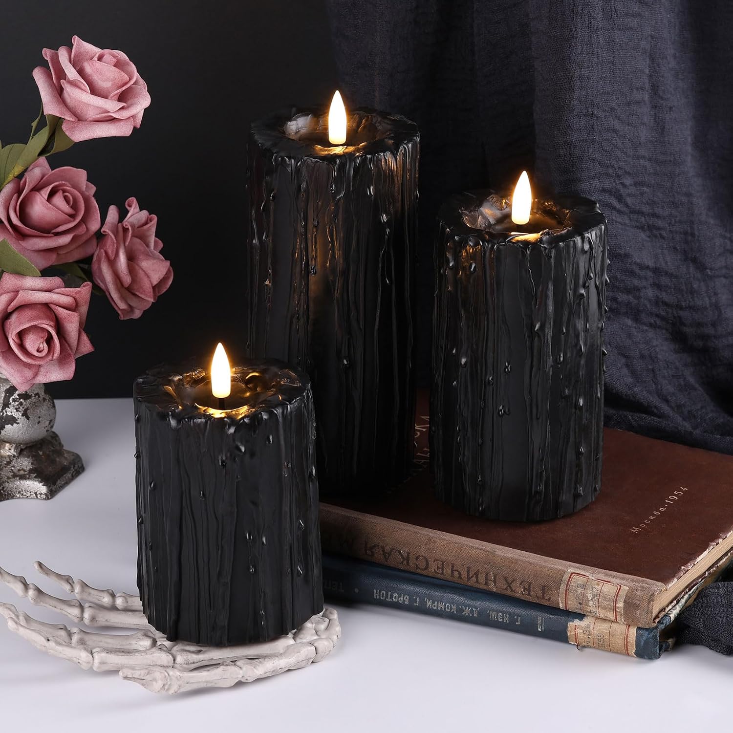 Black Dripping Wax Halloween Flameless Pillar Candles with Remote | Flickering Realistic LED Candles Set of 3, 2 AA