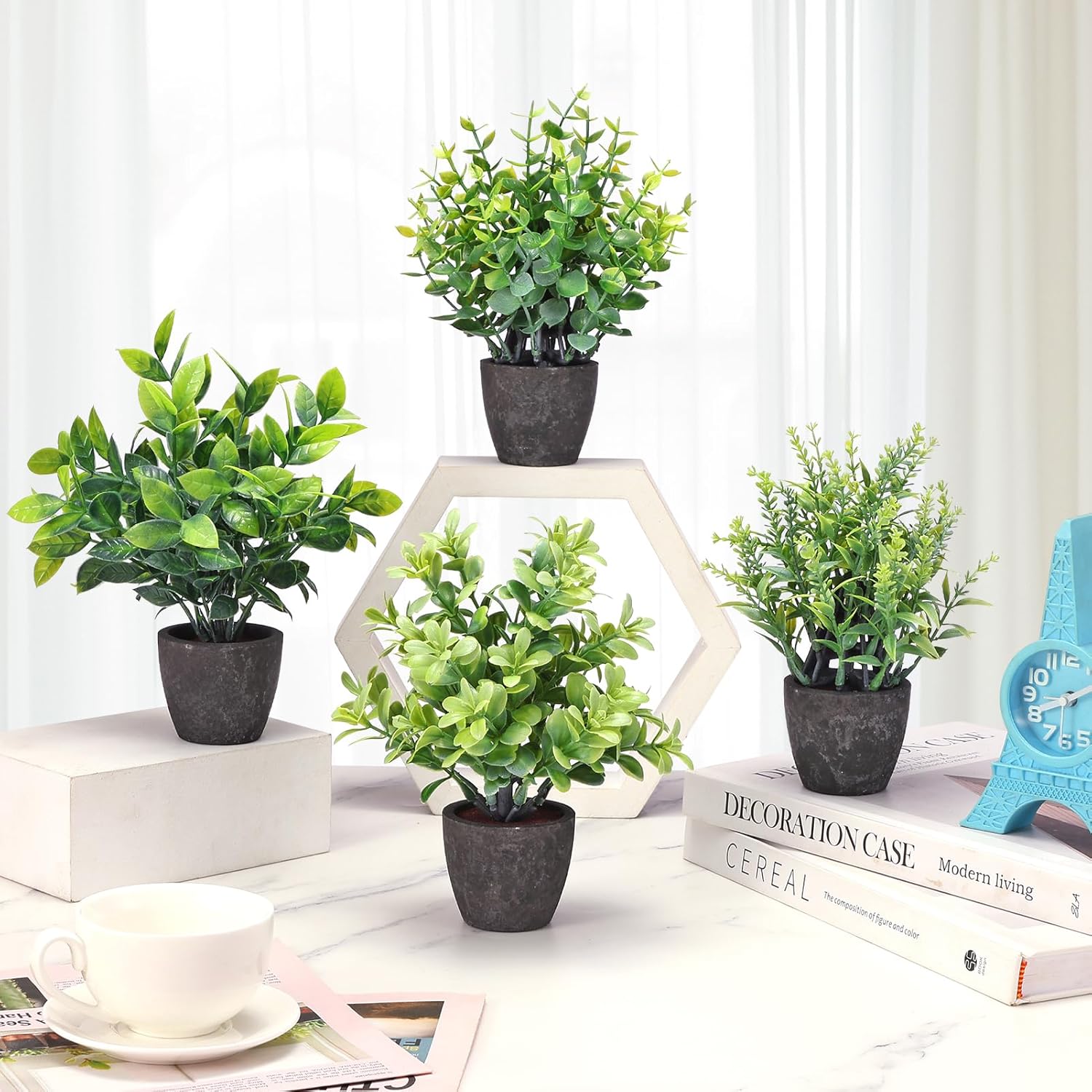 Fake Plants Ceramic Mini Artificial Greenery Potted Plants / Black / Set of 4