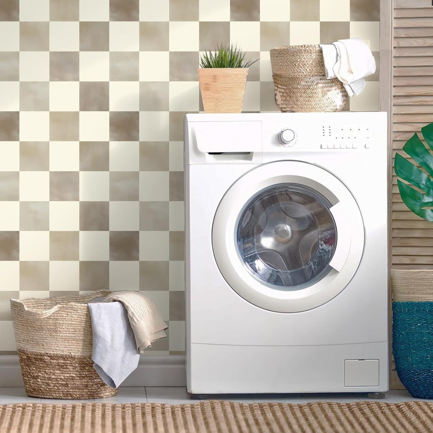 Checkered Wallpaper Peel and Stick Neutral Mosaic Checkered Contact / 17.3 x 236 / Brown and Beige