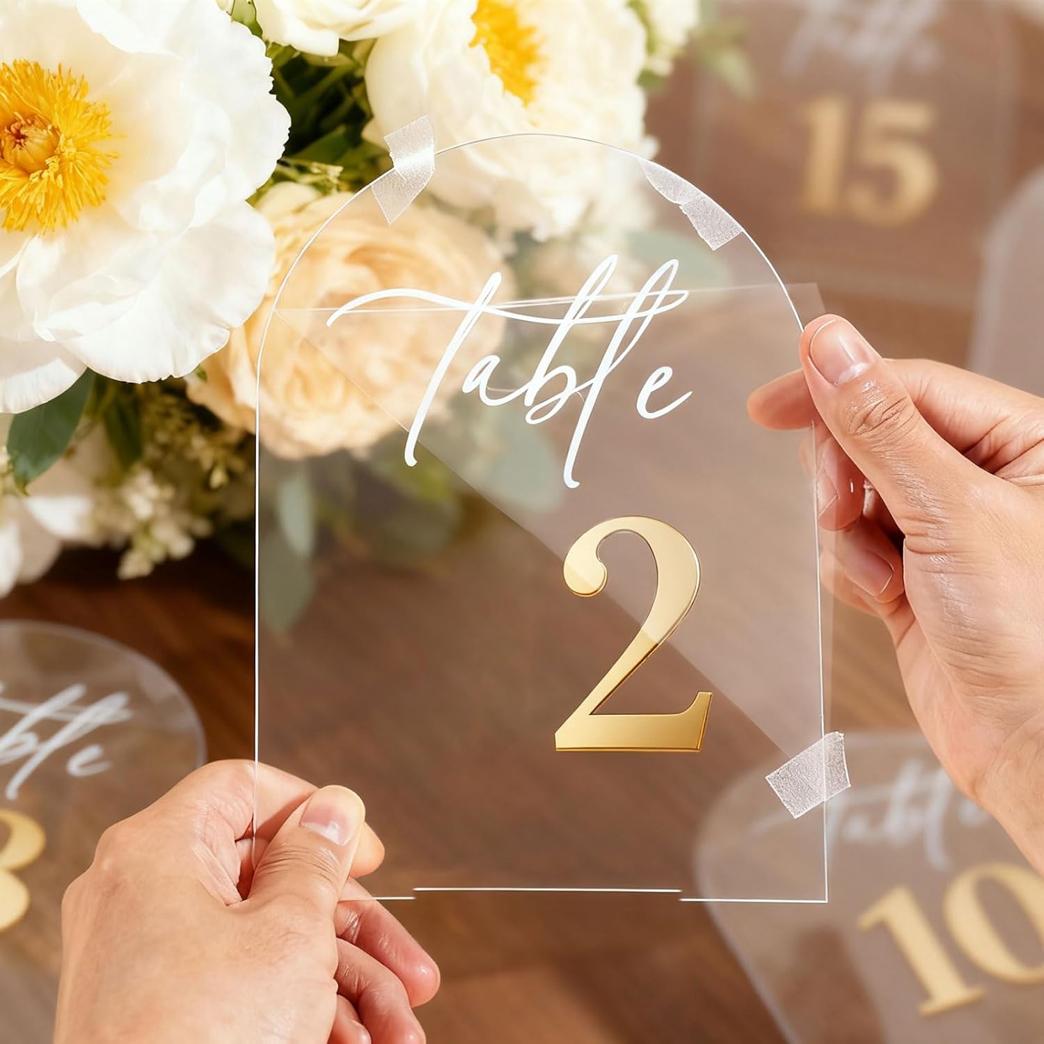 1-25 Arch Acrylic Wedding Table Numbers with Stands 5x8 Inch Signs | Transparent acrylic, golden letter print, sturdy