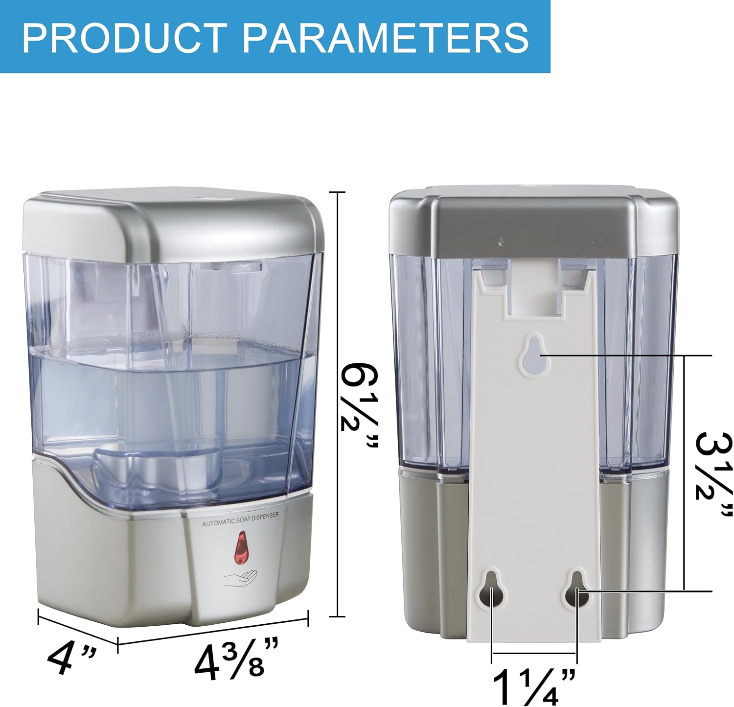 Soap Dispenser Wall Mount Commercial 2 Set Silver Automatic Hand Wash Dispensers 20OZ Suitable Liquid Sanitizer