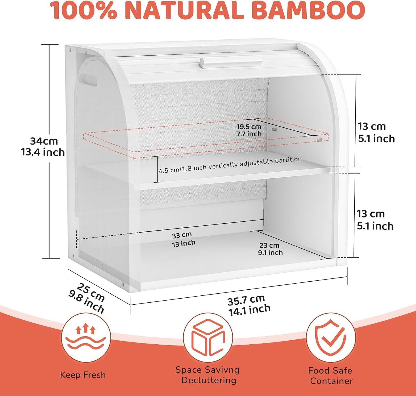 G.a HOMEFAVOR 2-Tier Bamboo Bread Box for Kitchen Counter, White | Large Roll Top Bread Storage Container, Bread Holder