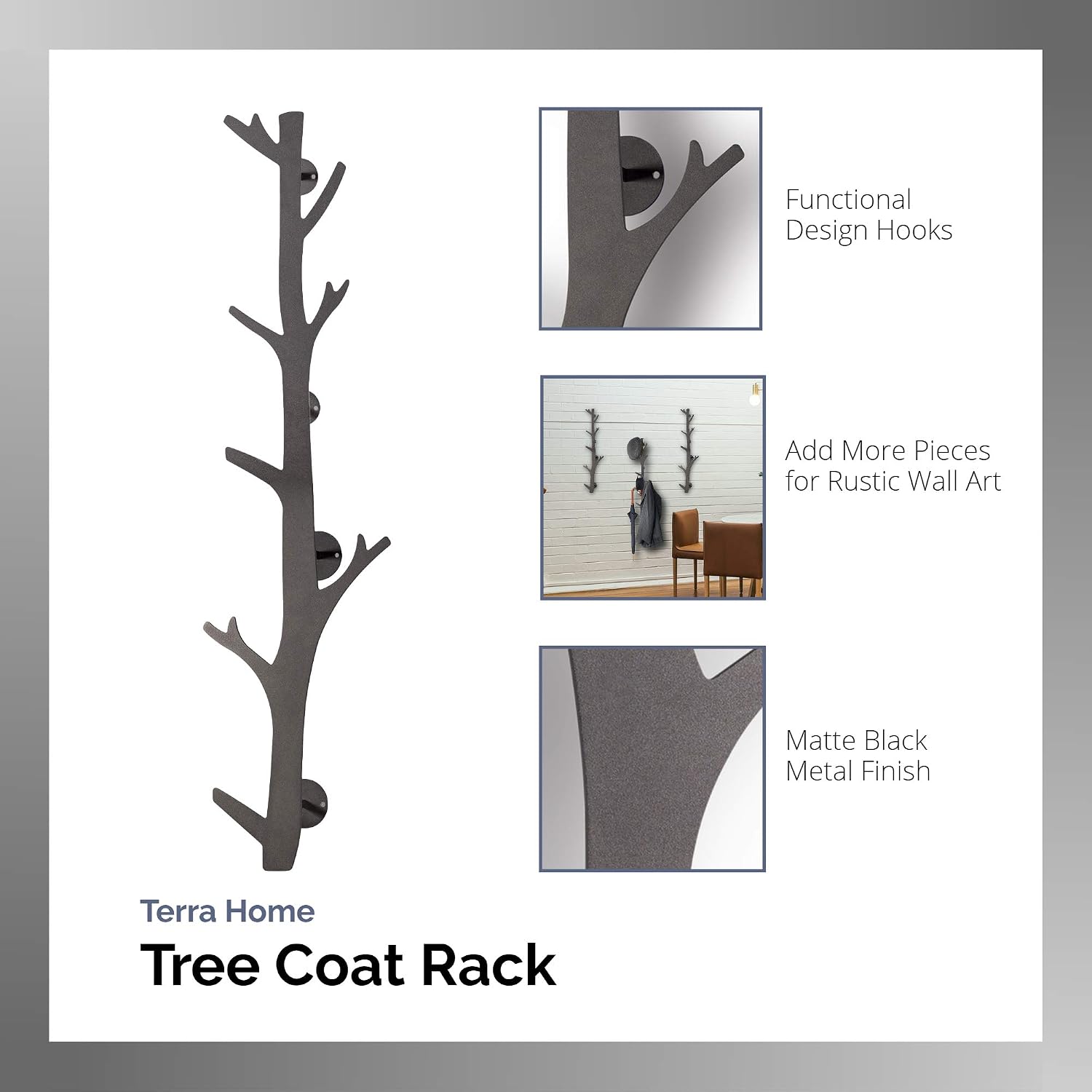 Tree Branch Coat & Hat Rack Wall Mount with 8 Vertical Hooks for Caps, Coats, Purse & More Modern Storage Dog Leash