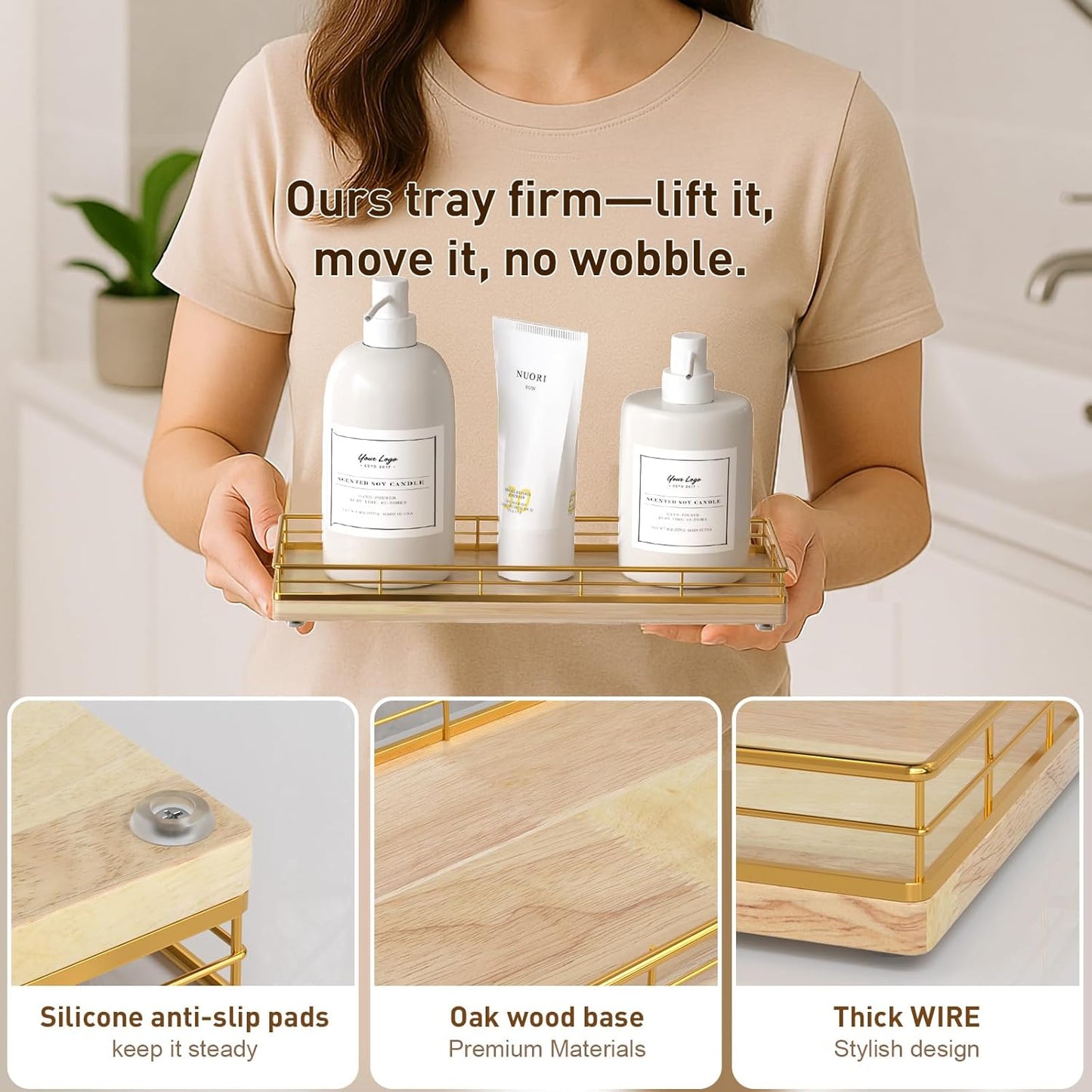 Oak Wood Vanity Tray / Gold & Oak / 11 x 4.5 x 1.5