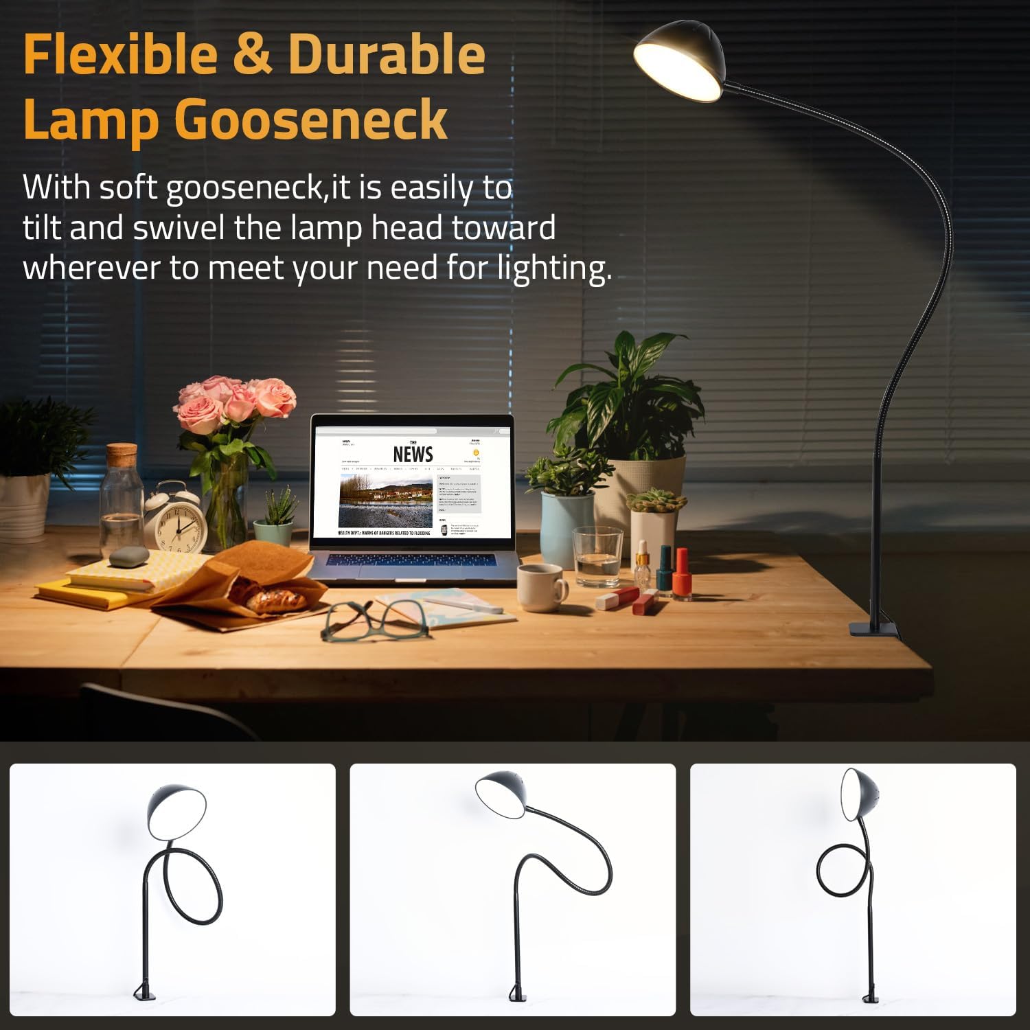 Long Gooseneck Clamp Lamp, Clip Desk Lamp with Clamp, 10W, 1100 LMS, 3 Color Modes, 10 Brightness Levels, 31 Inches