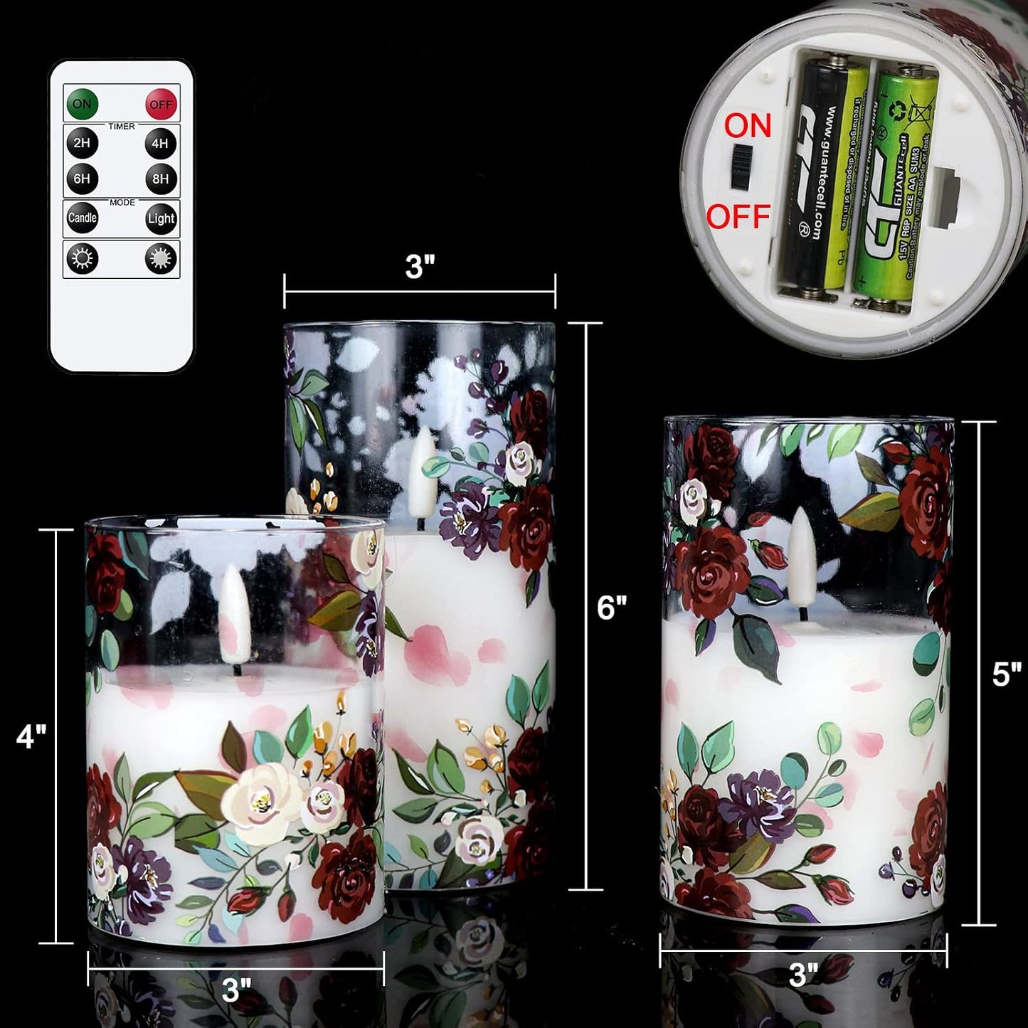 Rose Glass Flameless Candles Battery Operated with Remote Timer | LED Flickering Pillar Candles, Real Wax 400 Hours