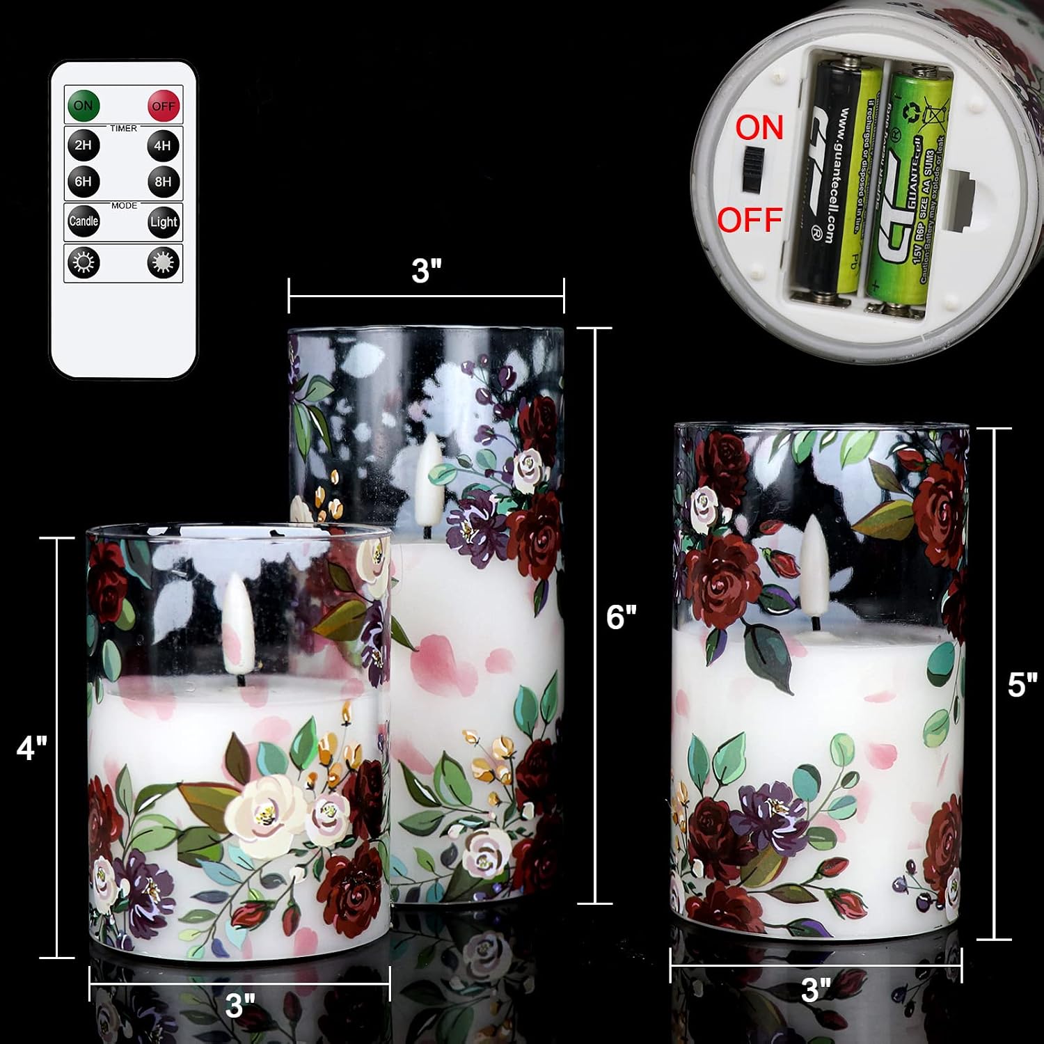 Rose Glass Flameless Candles Battery Operated with Remote Timer | LED Flickering Pillar Candles, Real Wax 400 Hours