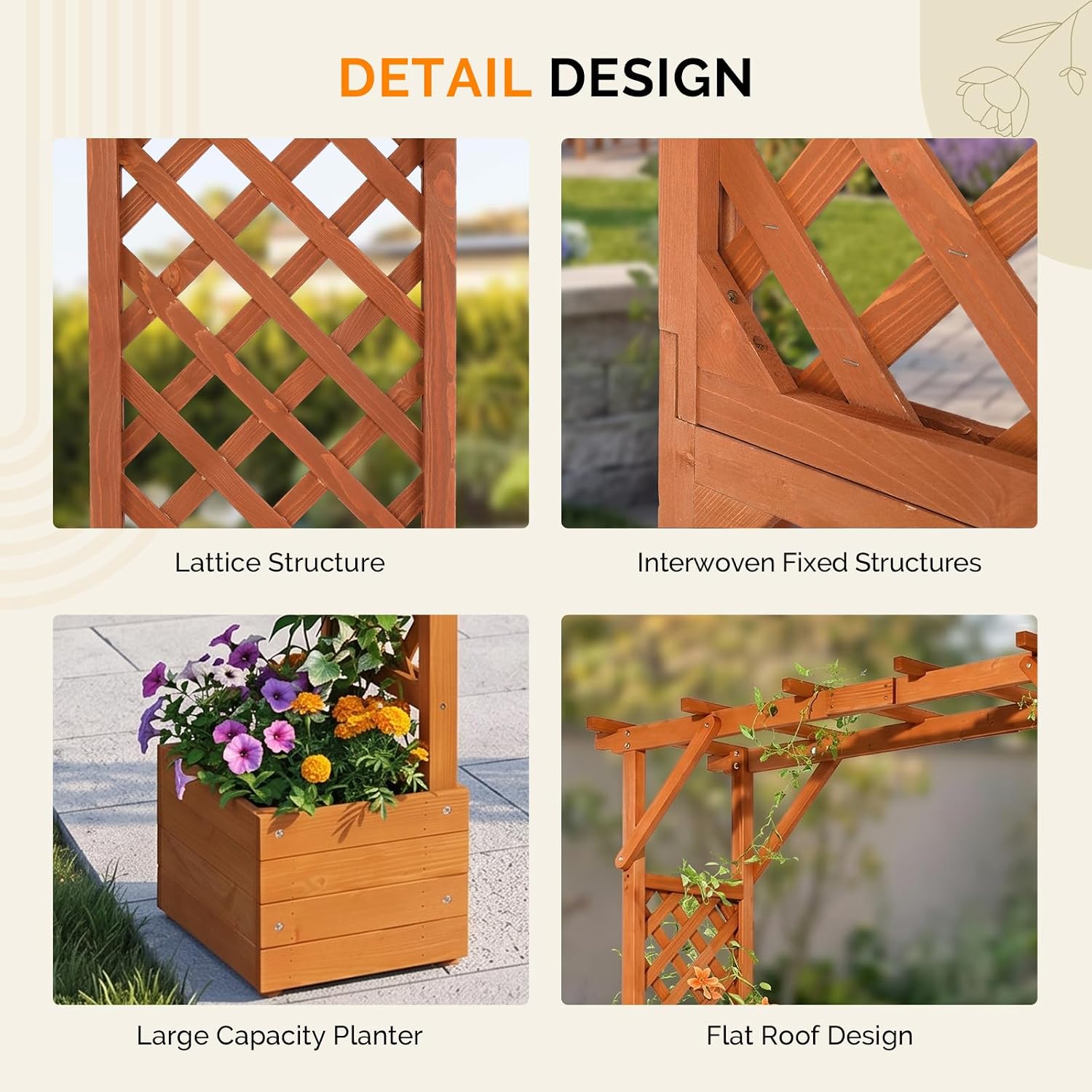 VINGLI Wooden Garden Arbor with Planter, Wedding Arch for Ceremony, Wood Garden Arbour Trellis for Plant Climbing