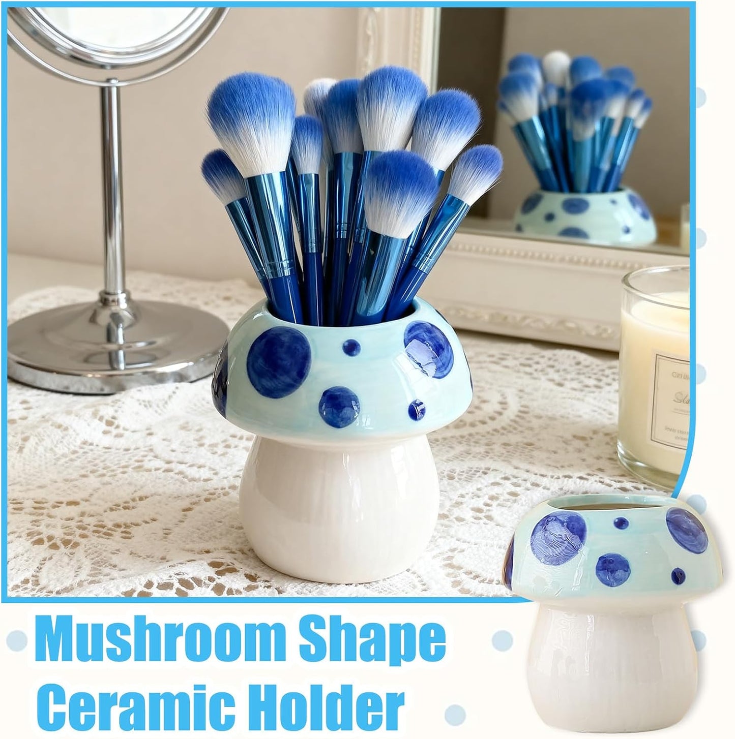 Mushroom Shaped Ceramic Pen Holder / BLUE