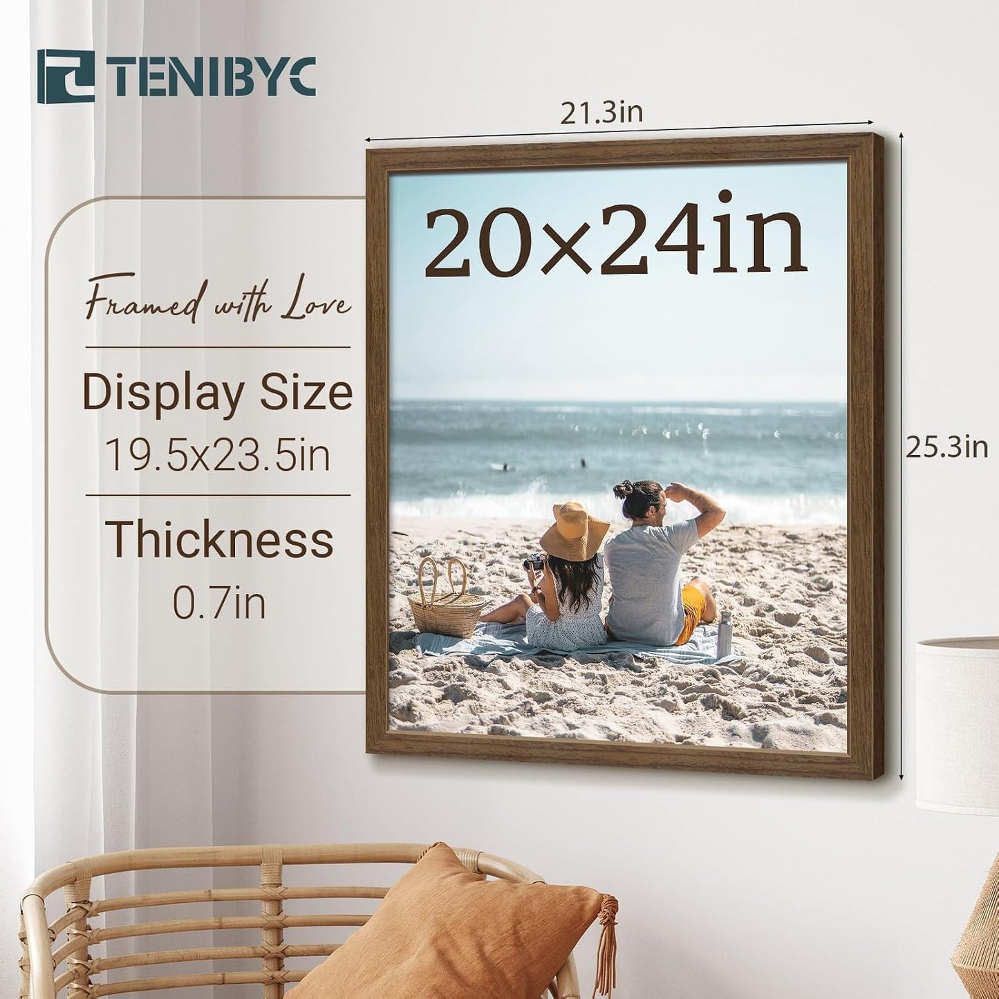 20x24 Picture Frame, Brown Wood, 3 Pack, Wall Hanging for Poster | Thick Polished Plexiglass, Large Poster Frame for