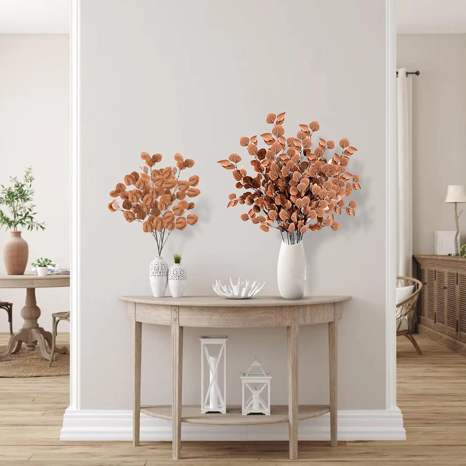 Fall Artificial Eucalyptus Stems Long Silver Dollar Leaves Fake Silk / Dark Brown / Set of 6