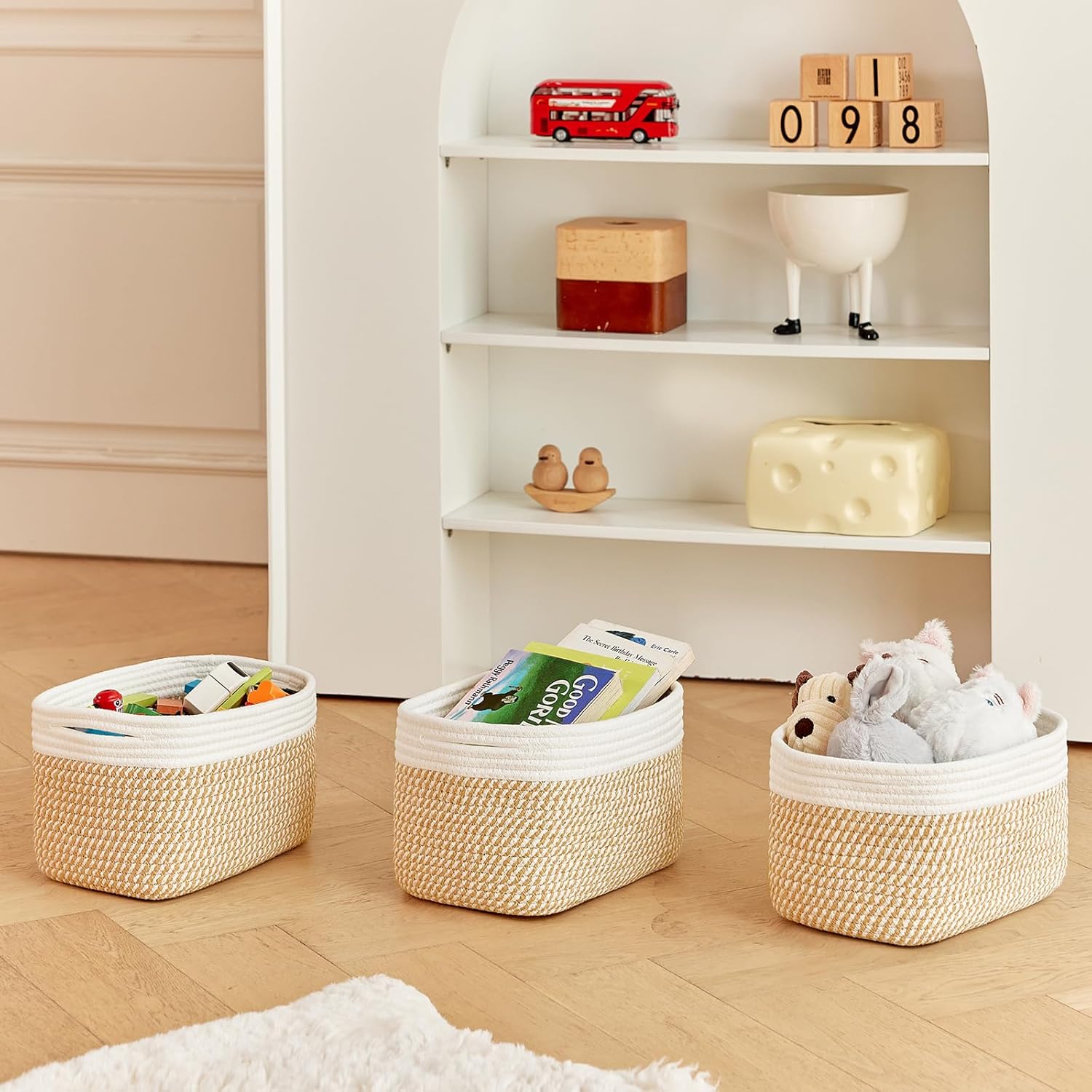 Bathroom Storage Basket / White & Mixed Camel / 10.6 x 6.7 x 6.7