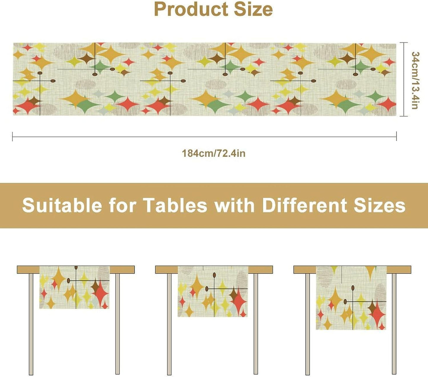 Mid Century Kitchen Table Runner,Abstract Aesthetic Geometric Mid Century Retro Modern Patterns Printed Linen Table