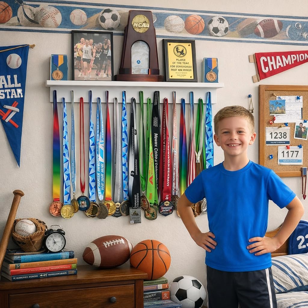 Premier Medal Hanger Display Rack and Trophy Shelf for Gymnastics, Soccer, Basketball, Football, and More – 2, ft
