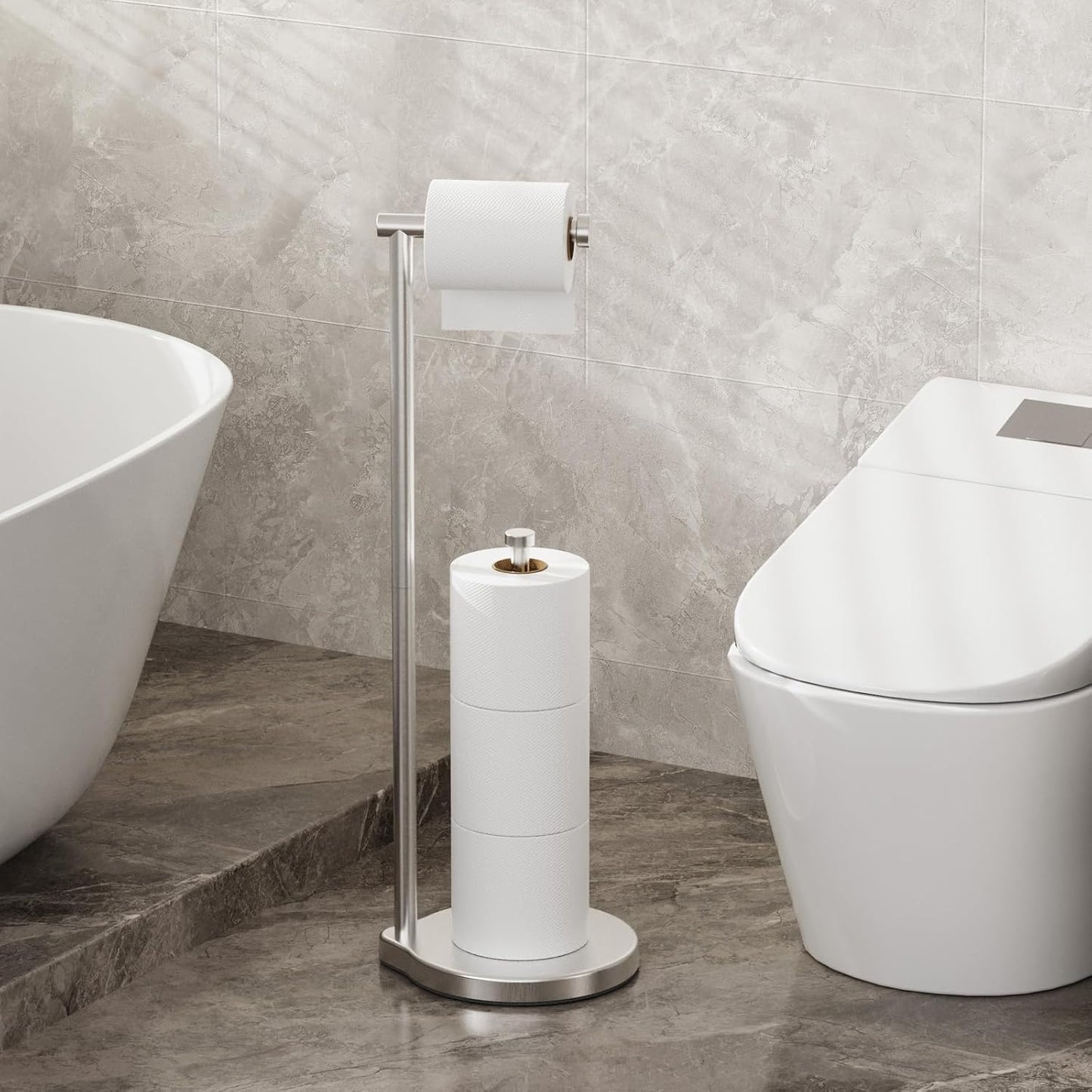 theaoo Heavy-Duty Toilet Paper Holder Stand, Bathroom Storage, Silver | Freestanding Toilet Tissue Paper Roll Holder