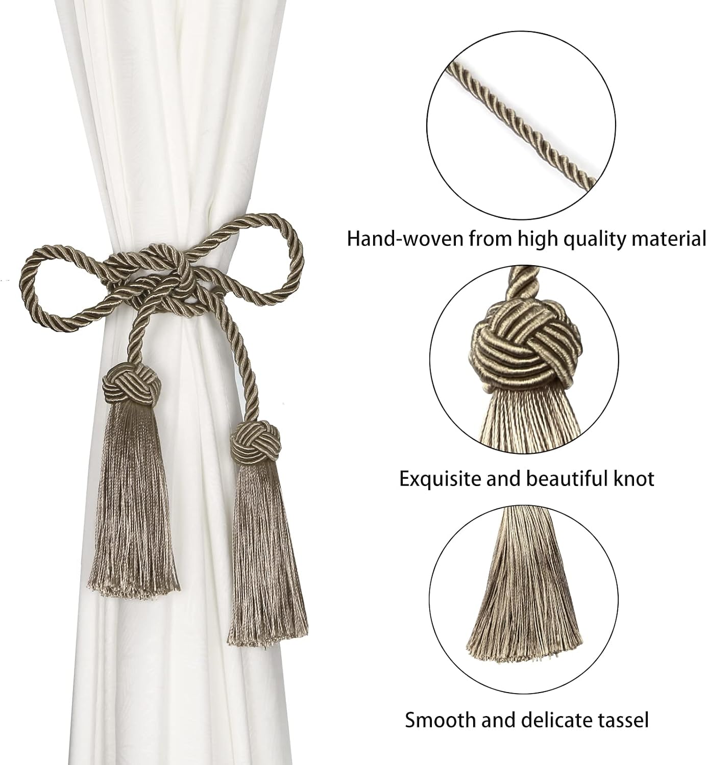 BEL AVENIR 6 Pack Handmade Rope Tassel Curtain Tiebacks | Decorative Curtain Holdbacks with Tassel (Flaxen, 6 Pack)