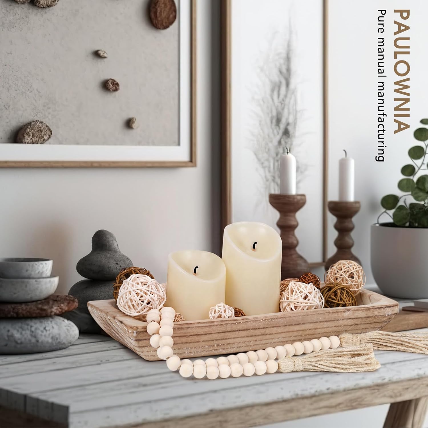 Wooden Centerpiece Table Decorations Wood Dough Bowl Wicker Rattan Balls Beads / White / Set of 17