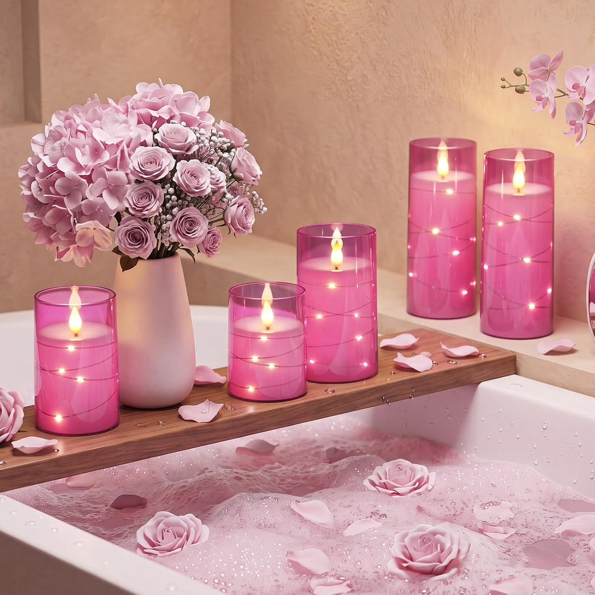 Homemory Flickering Flameless Candles, Pink LED Pillar Candles with Remote | Acrylic Battery Operated Timer Candles
