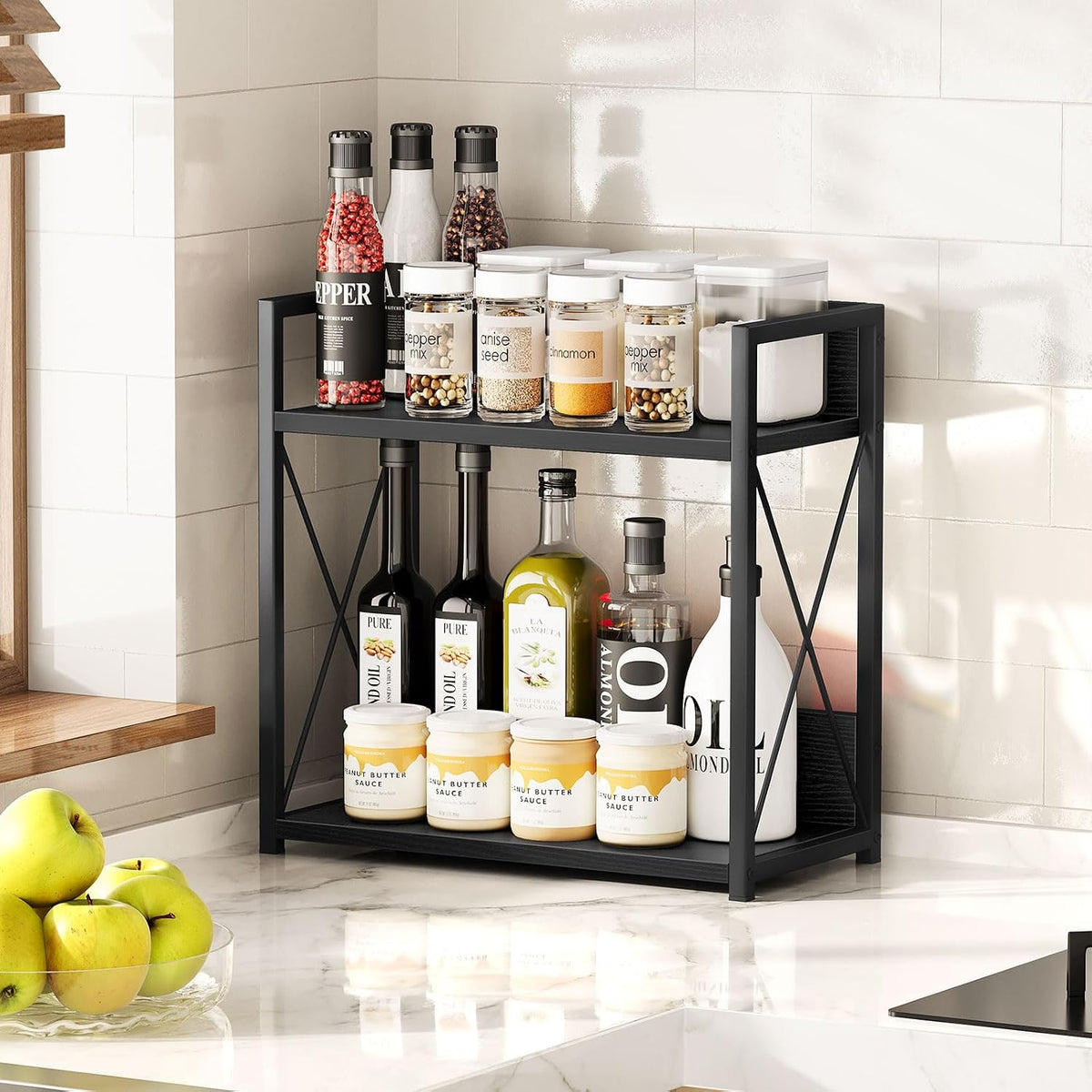 Giikin Kitchen Countertop Organizer, 2 Tier Coffee Bar Organizer, Black Spice Rack for Counter, Kitchen Counter