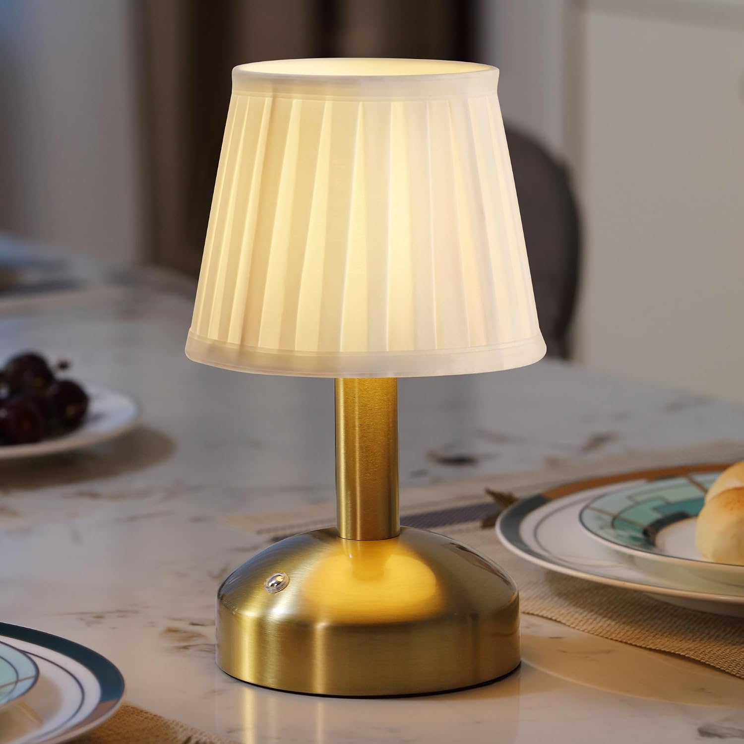 KDG Gold Cordless Small Table Lamp, Portable LED Fabric Shade Desk Lamp | Modern 4000mAh Rechargeable Battery Operated
