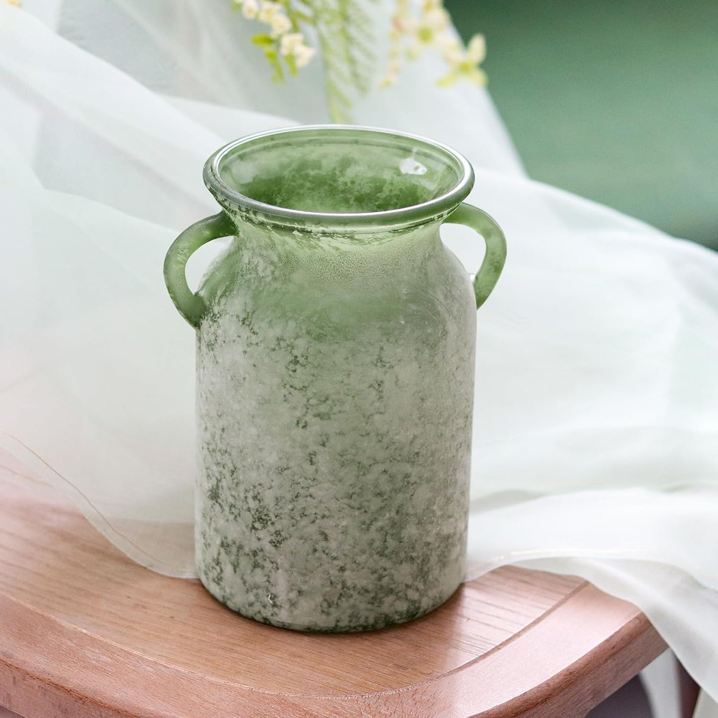 Glass Flower Vase / White Green / 8 Inch