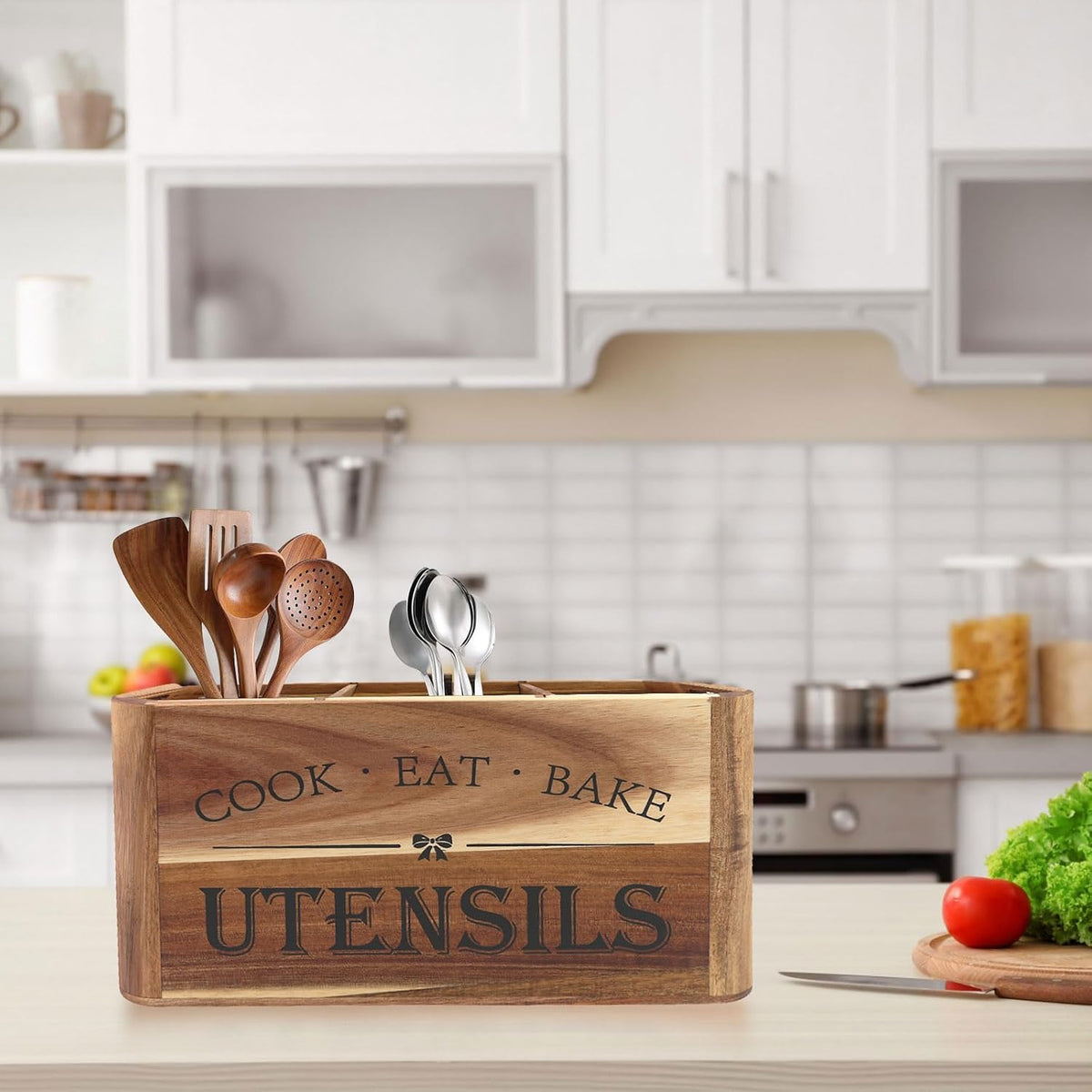 Utensil Holder for Kitchen Countertop - Extra Large 3 Compartment Wooden Organizer in Acacia Wood, Storage for Cooking