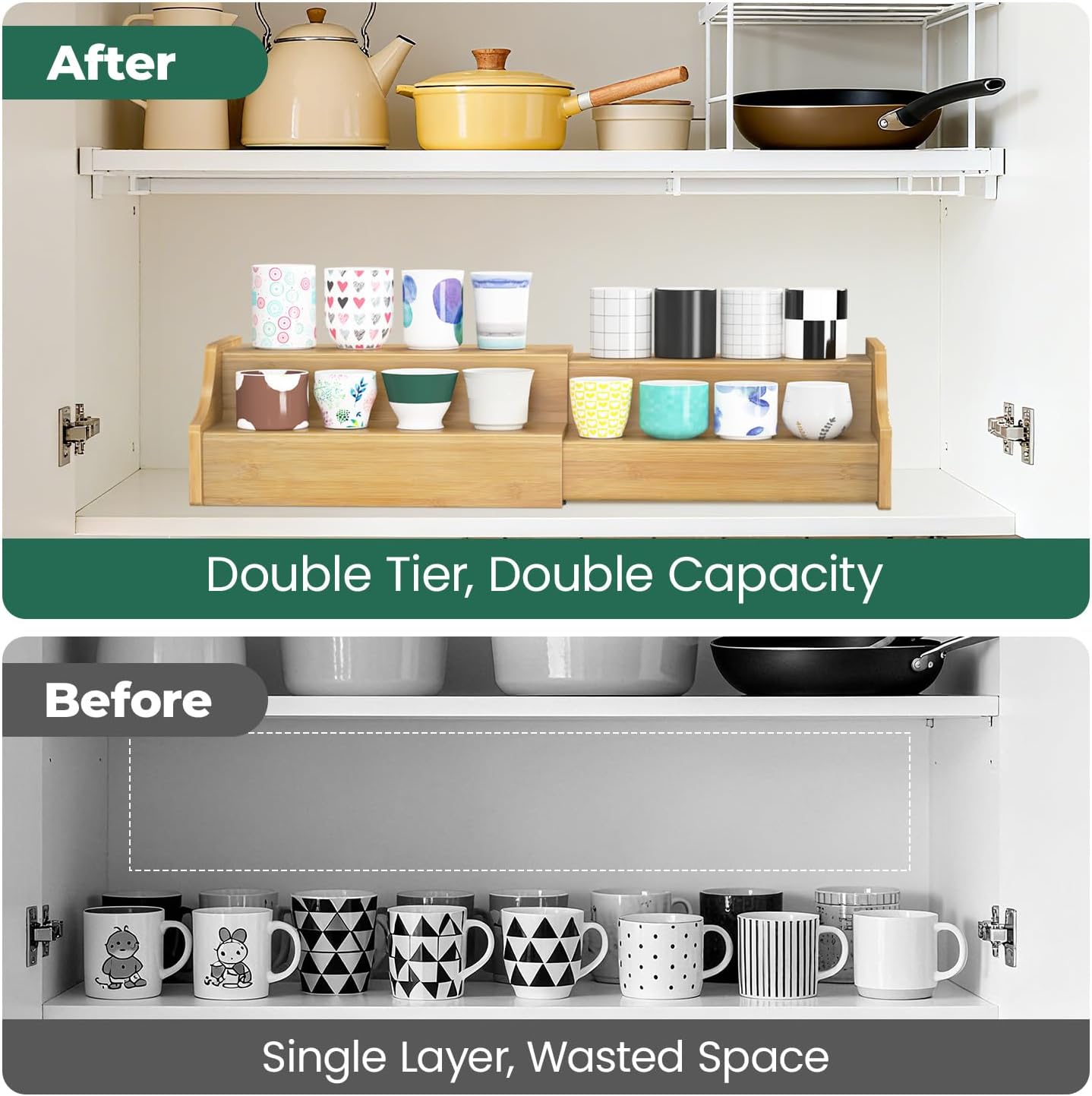 EsLuker.ly Coffee Mug Cup Holder Rack for Cabinets Countertop, Bamboo | 2 Tier Expandable Mug Storage Organizer Coffee