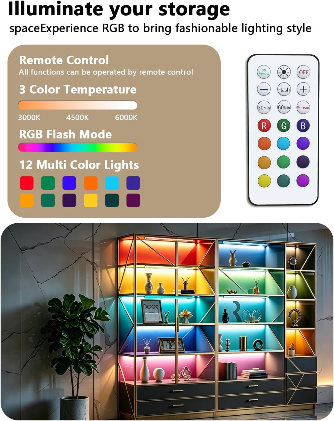 Motion Sensor Under Cabinet Lighting, RGB Light Bar with Remote,4Pack | 1500mAh Rechargeable, 15 Colors Dimmable LED