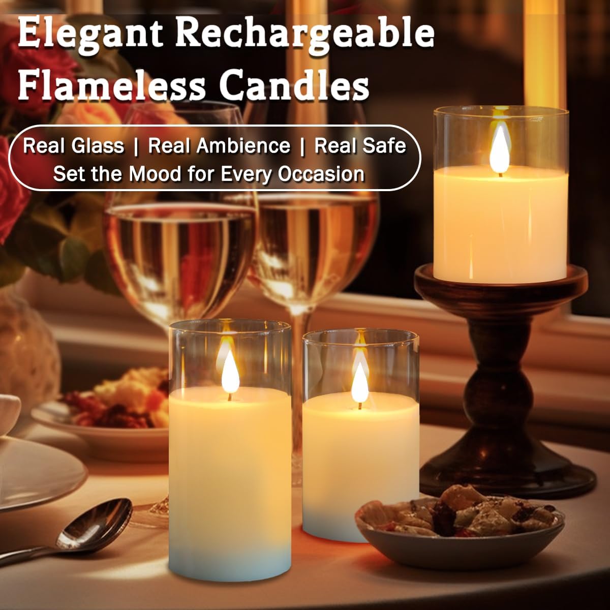 Glass Rechargeable LED Flickering Flameless Candles with Remote and Timer | Fake Candles Flickering Warm LED Flame for