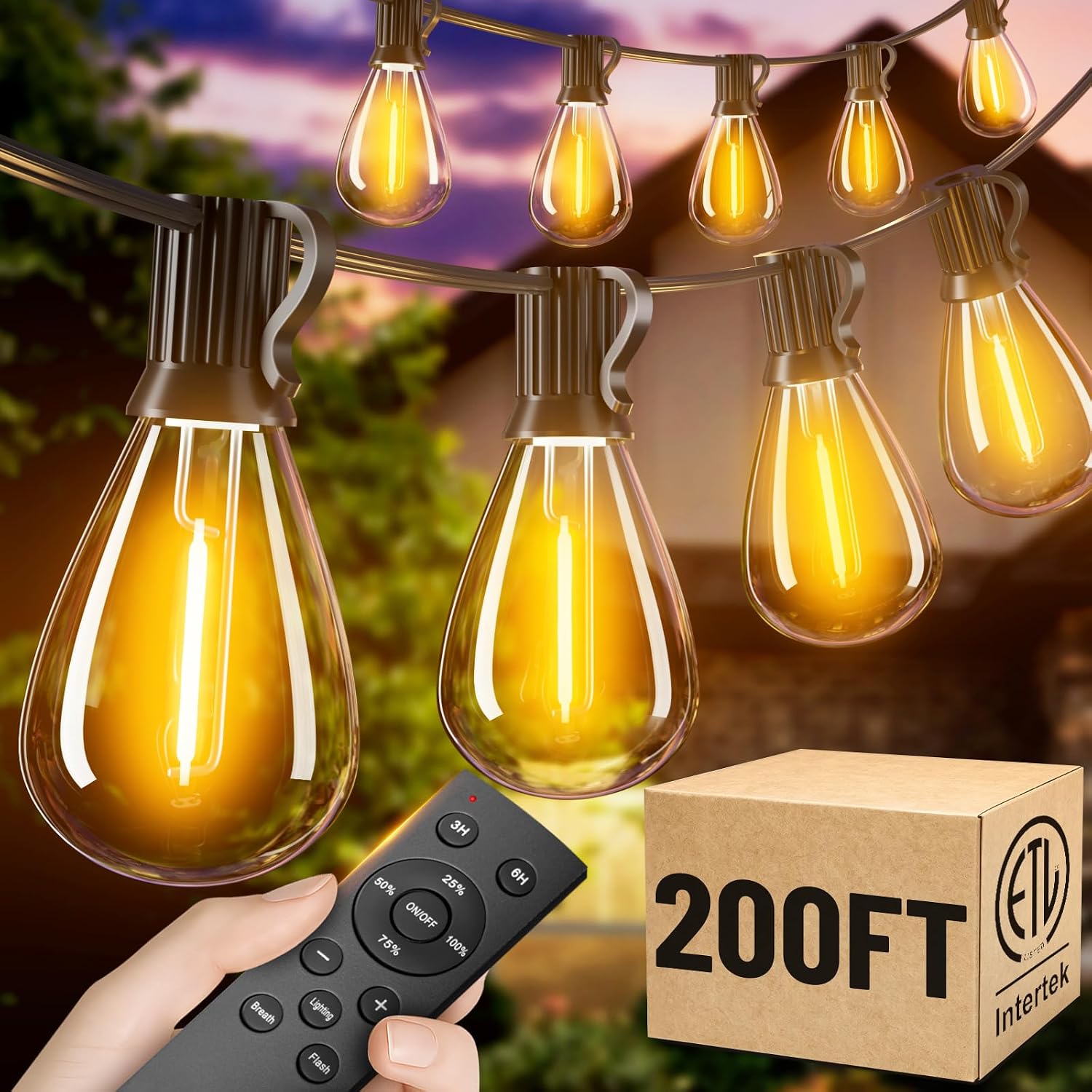 200FT Outdoor String Lights with Remote, Waterproof Patio Lights with 72+2 Shatterproof LED Bulbs,Dimmable Hanging