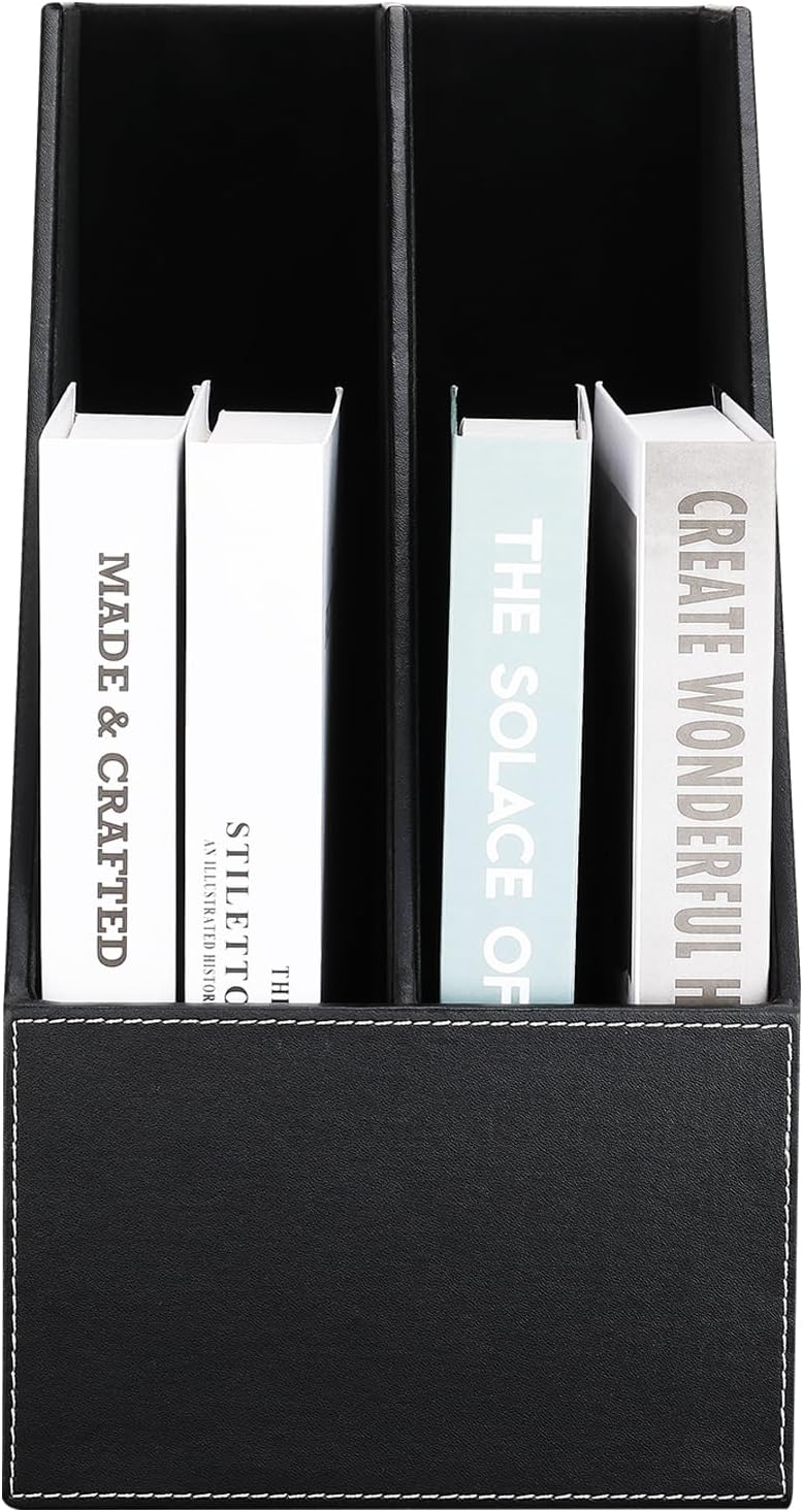 Wooden Leatherette Desktop File Folder Organizer and Document File Stand Journals Magazine Rack 2 Slots (black)