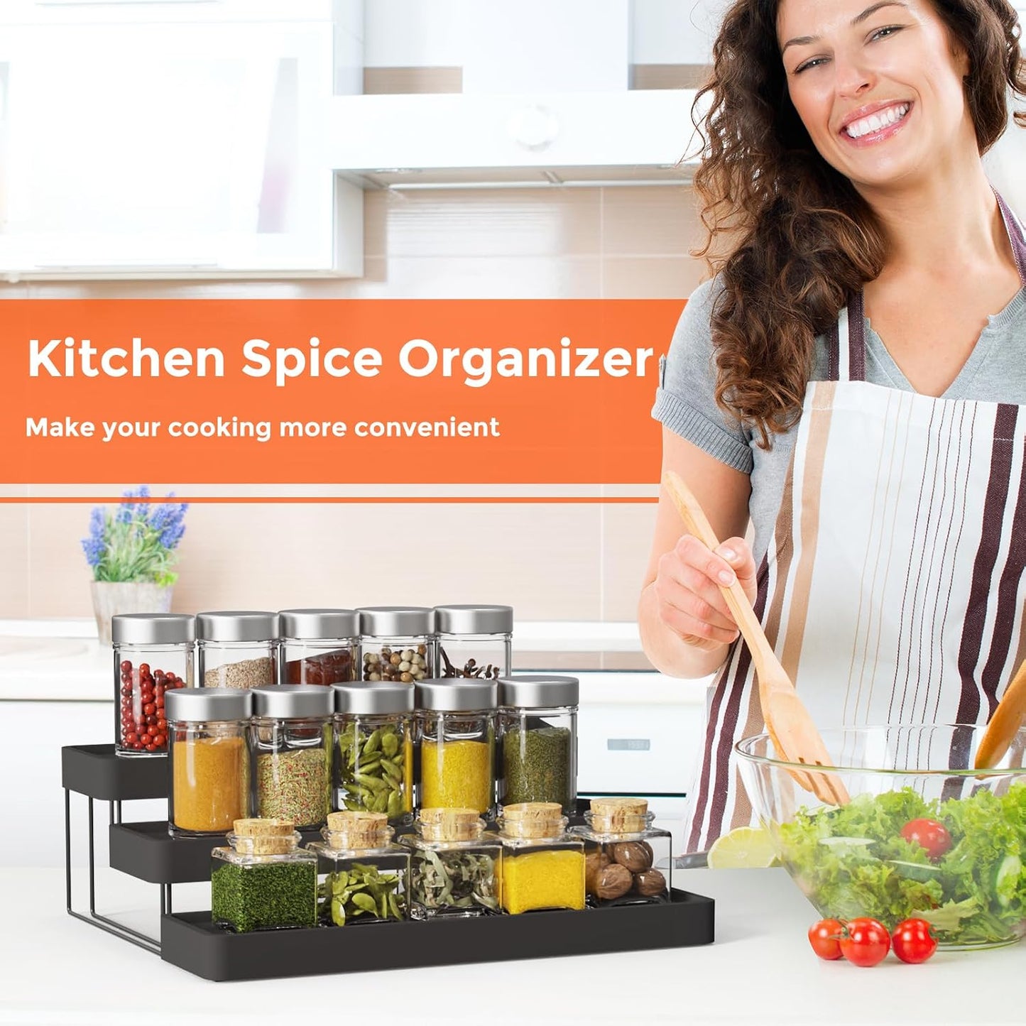 2 Pack Expandable Spice Rack Organizer for Cabinet - 3 Tier Adjustable Cabinet Spice Organizer Easy Visibility - Spice