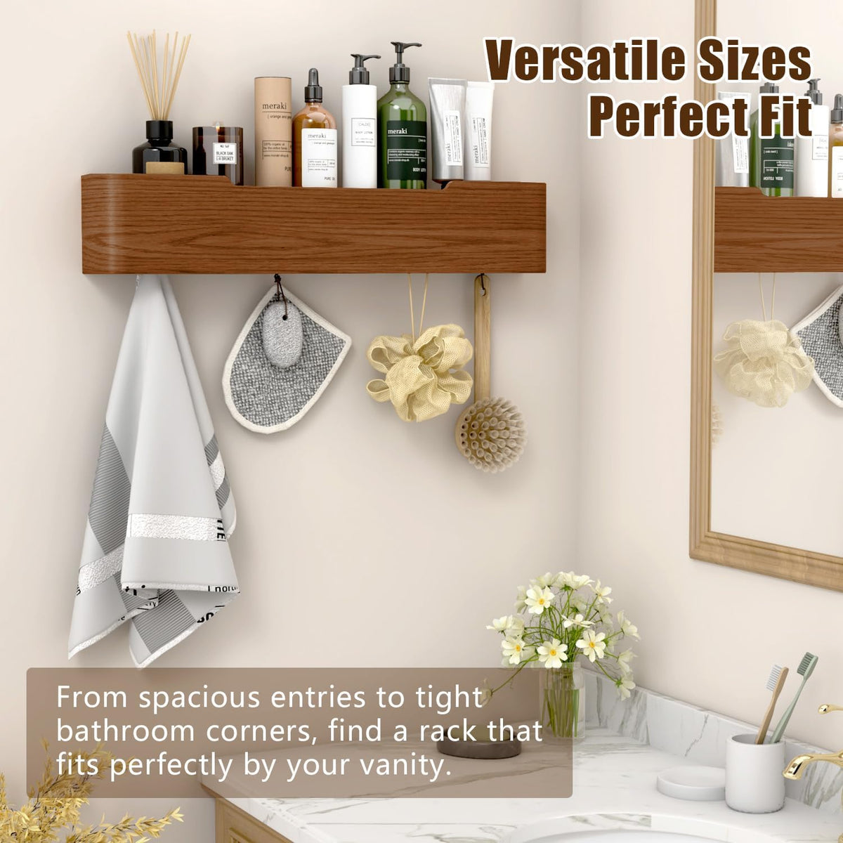 Coat Rack Wall Mount with Hidden Hooks, Wall Hooks with Shelf, Wall Key Holder Mount Wooden Shelf Entryway Hooks for