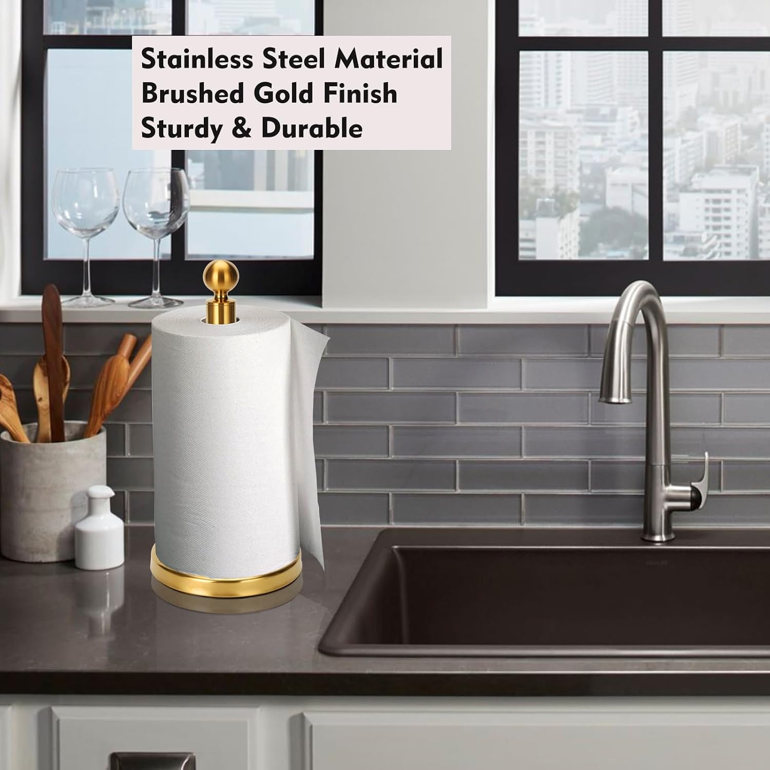 Gold Paper Towel Holder Countertop, Standing Paper Towel Roll Holder for Kitchen Bathroom, with Weighted Base for