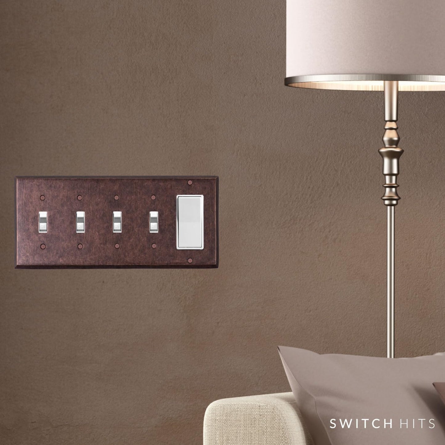 Mottled Antique Copper Outlet Wall Plate | 4 Toggle - 1 GFI Rocker | 10.1" x 4.6" | Hand-Polished Brass Construction