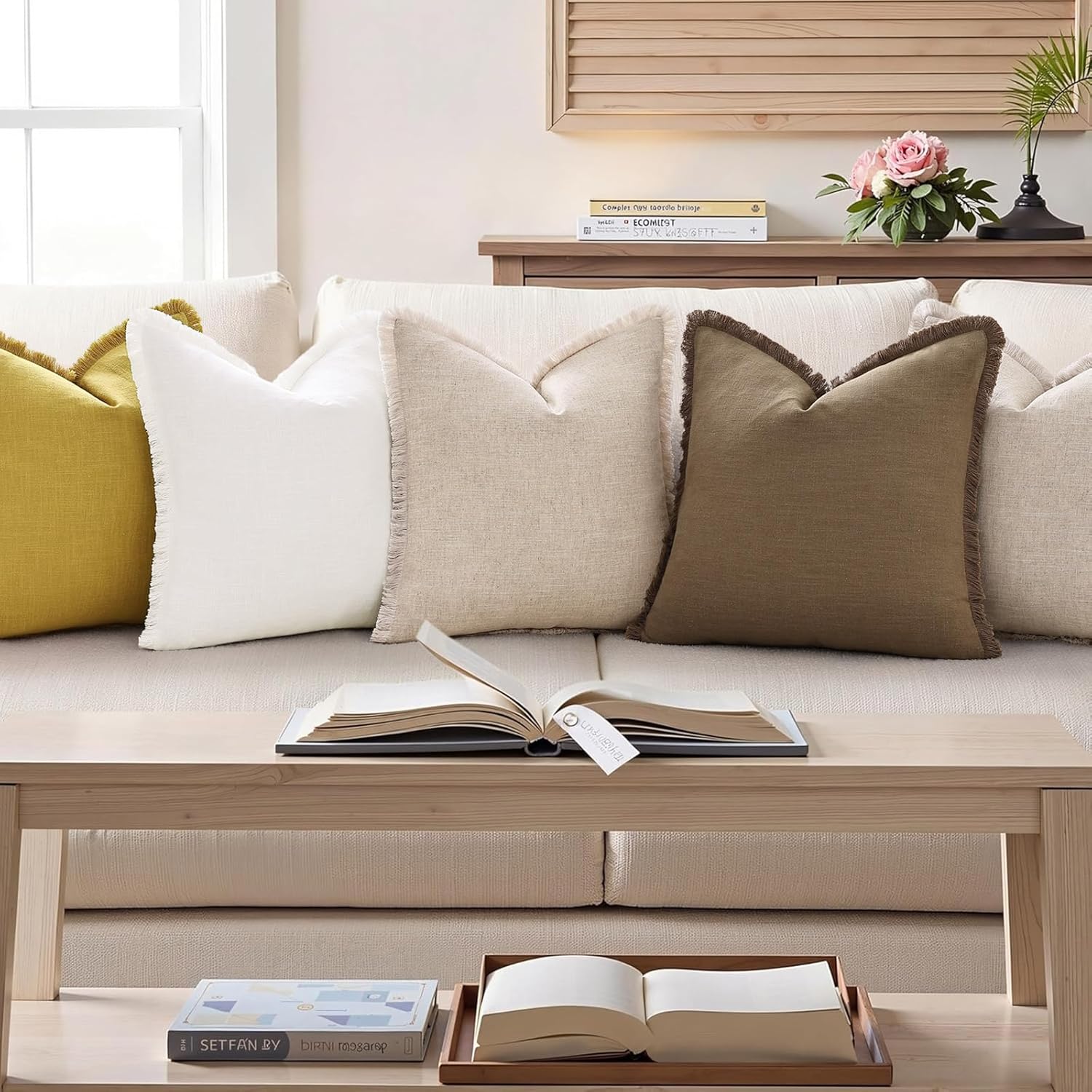 Summer Decorative Neutral Linen Fringe Throw Pillow Covers Pillow / Light Brown / 18 x 18 / Set of 2