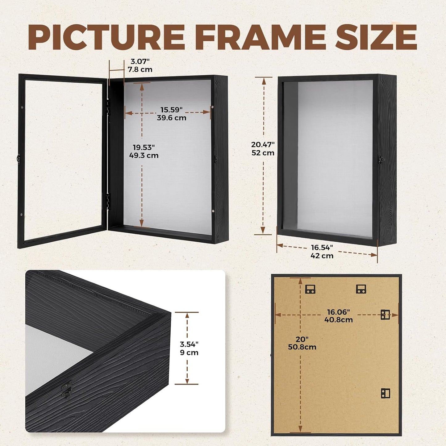 Muzilife 16x20 Large Shadow Box Pine Wood Picture Frame, 3.94 Deep, Black | FSC-Certified Solid Pine | Tempered Glass