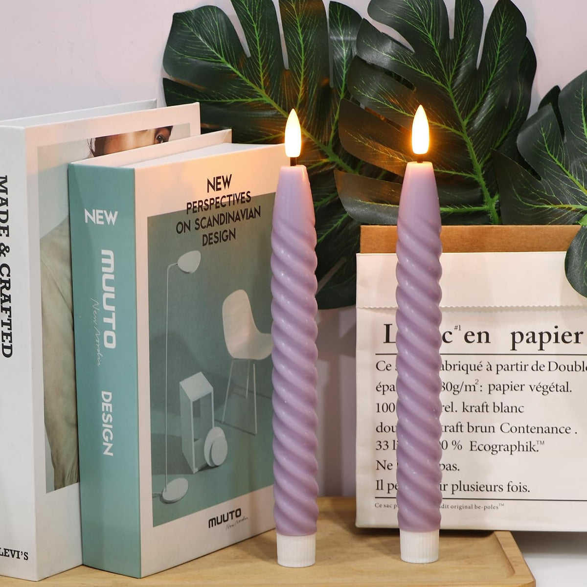 Purple Flameless Taper Candles Flickering with Remote Timer | LED Spiral Taper Candles, Flameless Candlesticks, Battery