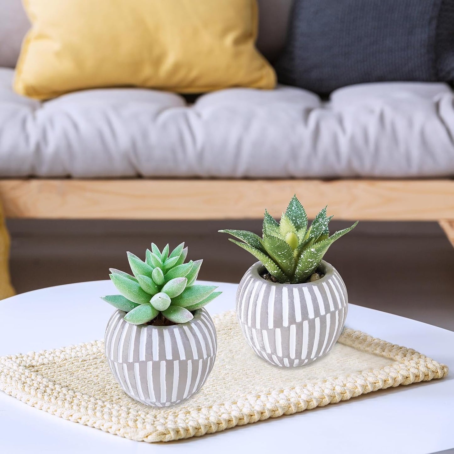 Artificial Succulents Plants in Mini Gray and White Geometric Cement Pots / Gray Pots / Set of 3