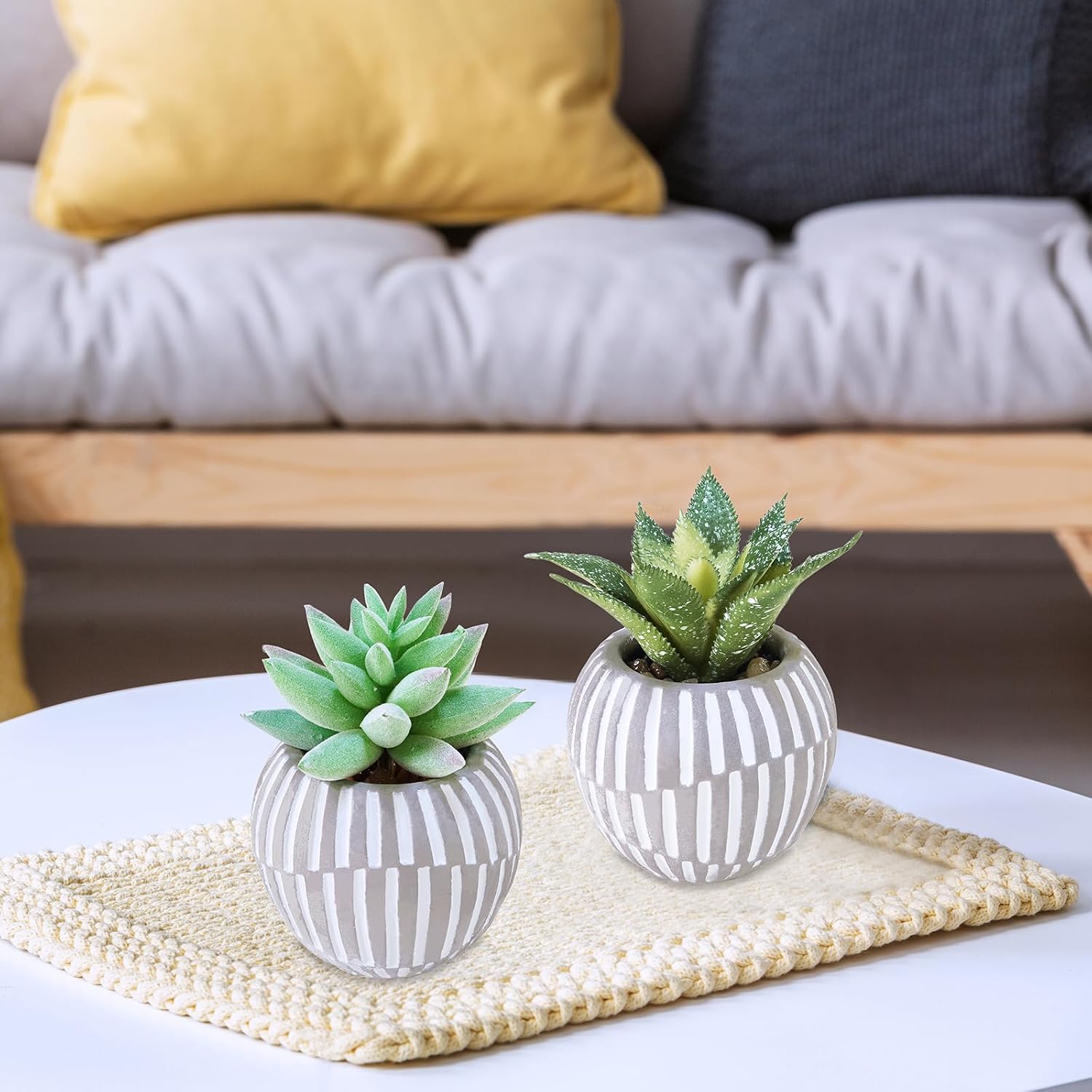 Artificial Succulents Plants in Mini Gray and White Geometric Cement Pots / Gray Pots / Set of 3