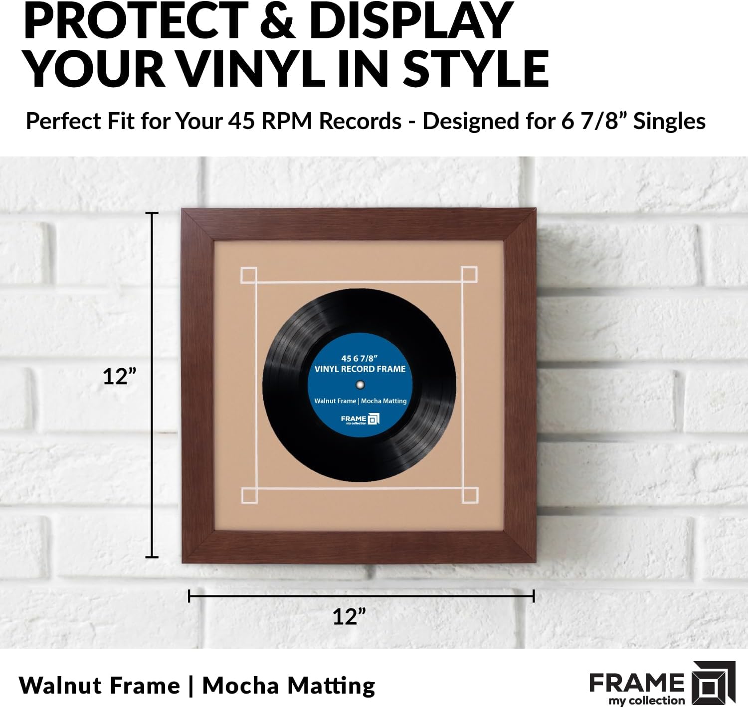 45 RPM Vinyl Record Frame | Wall Mounted Solid Wood Record Display Frame for Single 6 7/8-Inch Vinyl with Mocha Mat