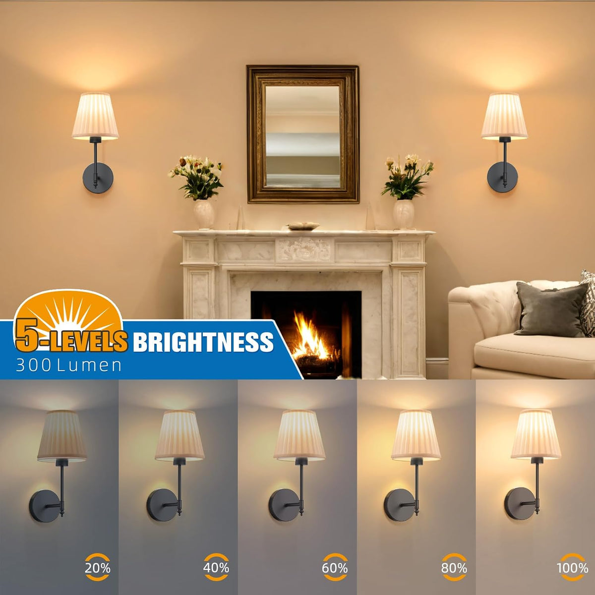 14.5 inch Battery Operated Wall Sconce Set of 2,Beige-Black Rechargeable Wall Lights with 10400mAh Dimmable Bulbs and