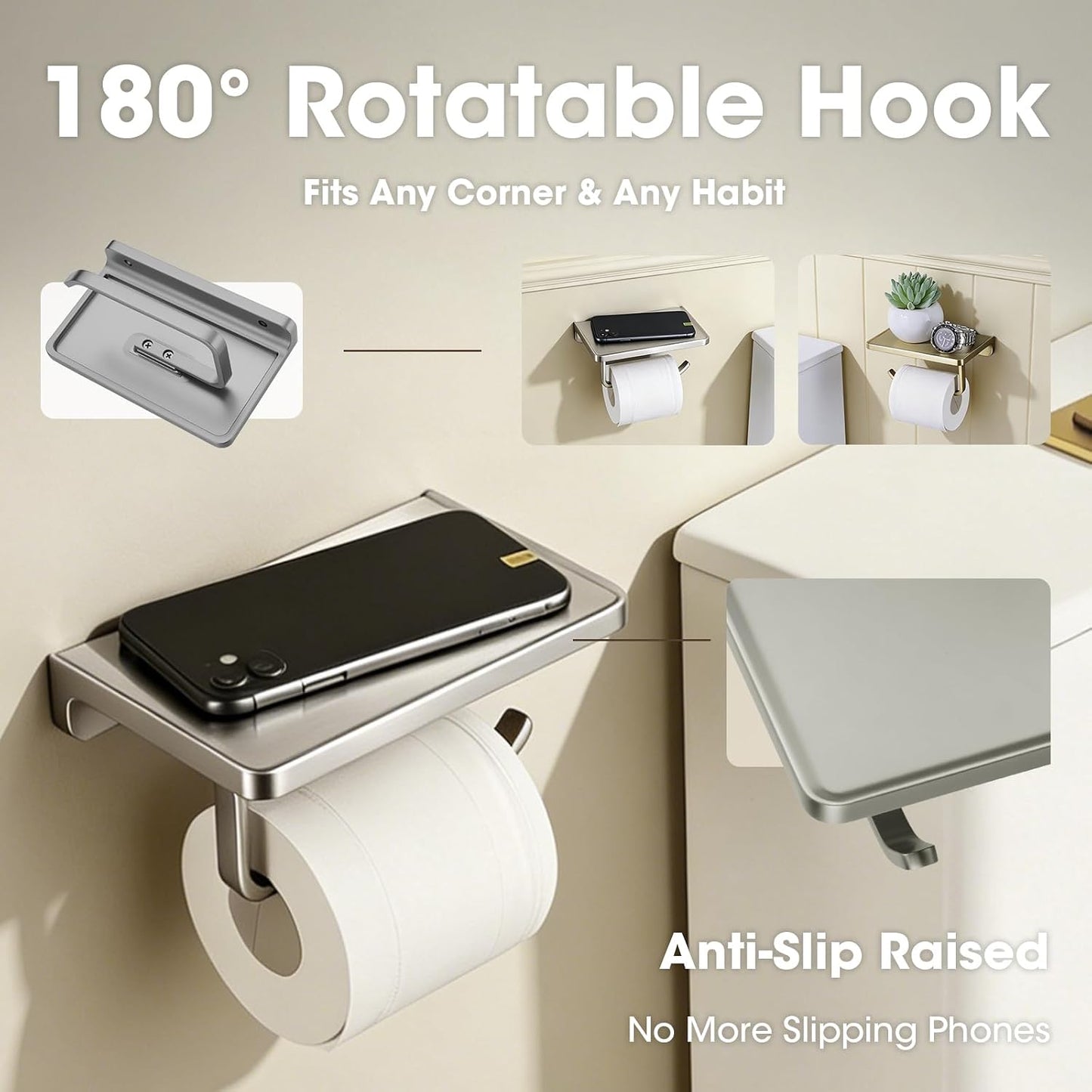 TRUSTMI Toilet Paper Holder with Shelf & Phone Stand, Brushed Nickel | Solid zinc alloy holder holds 15 lbs and fits