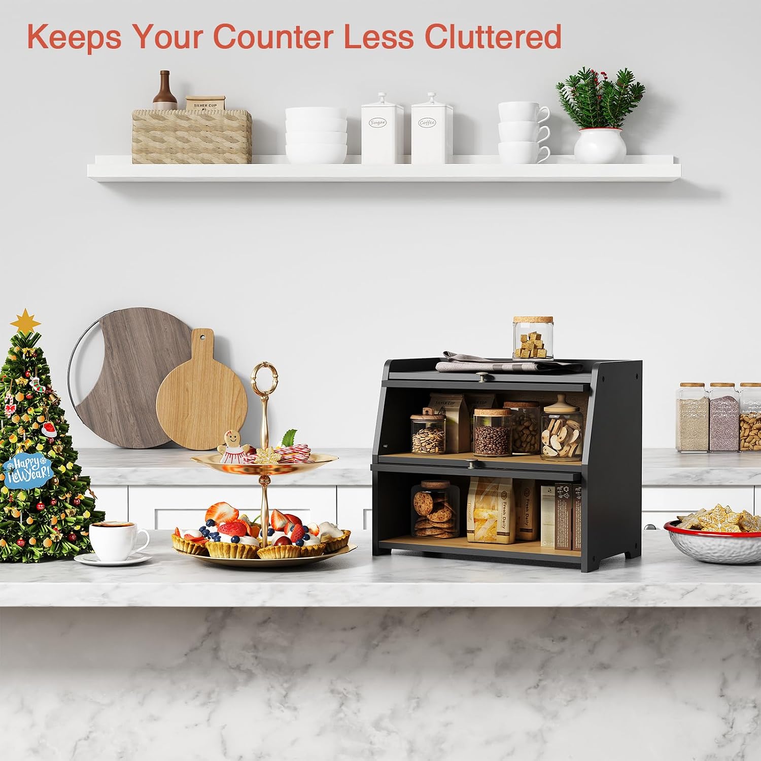Goozii Large Bread Box for Kitchen Countertop, Black Bread Storage Container for Homemade Bread, Double Layer Farmhouse