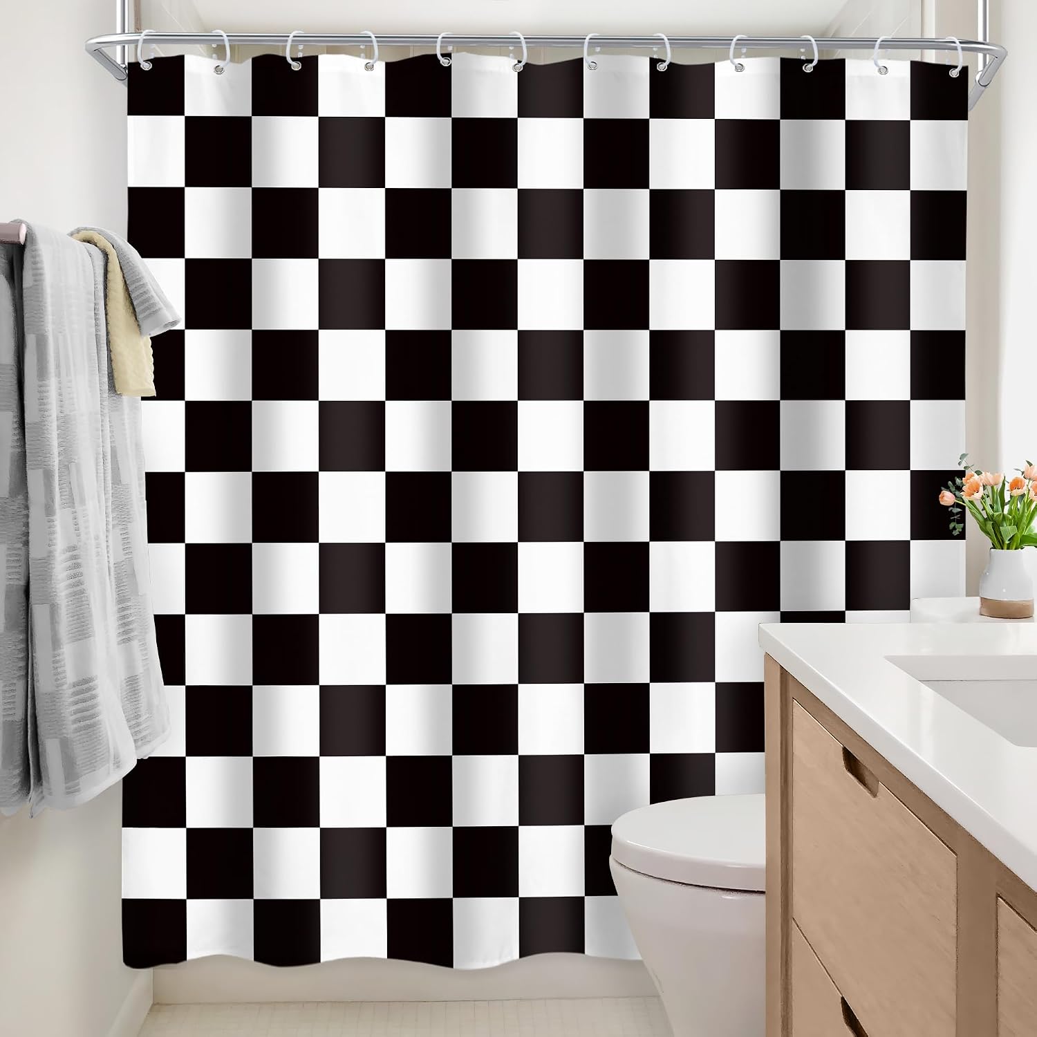 Checkered Shower Curtain L Black and White Kids Boys / 01 Black White / 72"W x 72"L / 72 x 72
