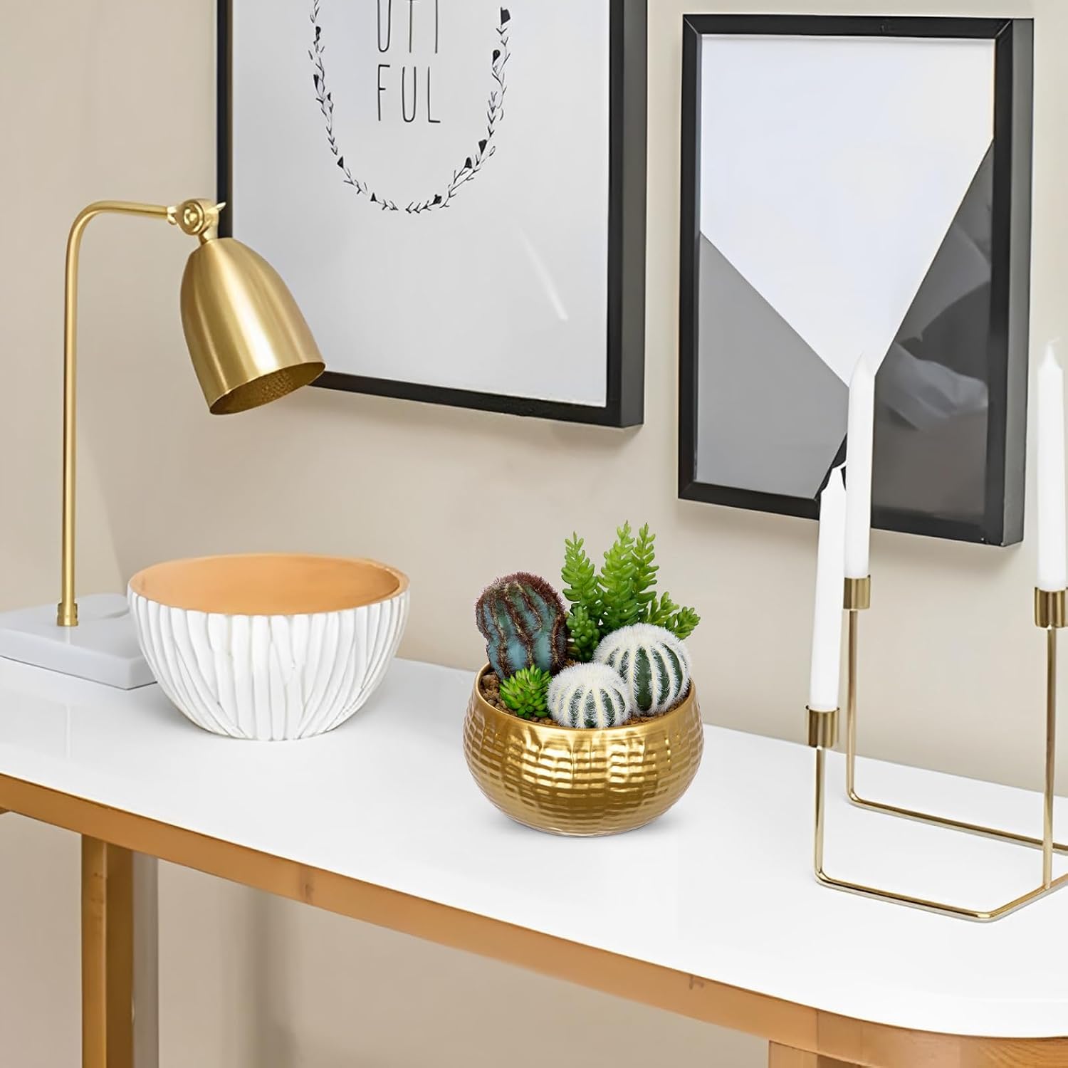 Artificial Cactus Plants Indoor / Gree & White& Gold Pot