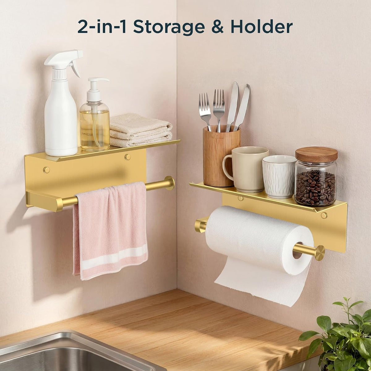 FORIOUS Wall Mount Paper Towel Holder with Shelf for Kitchen, Brushed Gold | Heavy Duty SUS304 Stainless Steel Paper