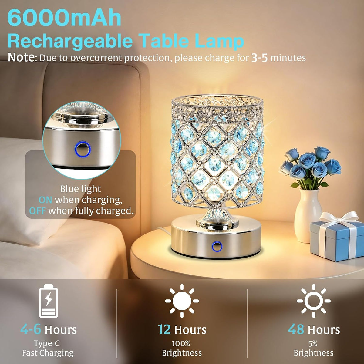 Blue Crystal Rechargeable Cordless Table Lamp, Touch Small Desk Lamp | 6000mAh Battery, 3 Color Temps, Stepless