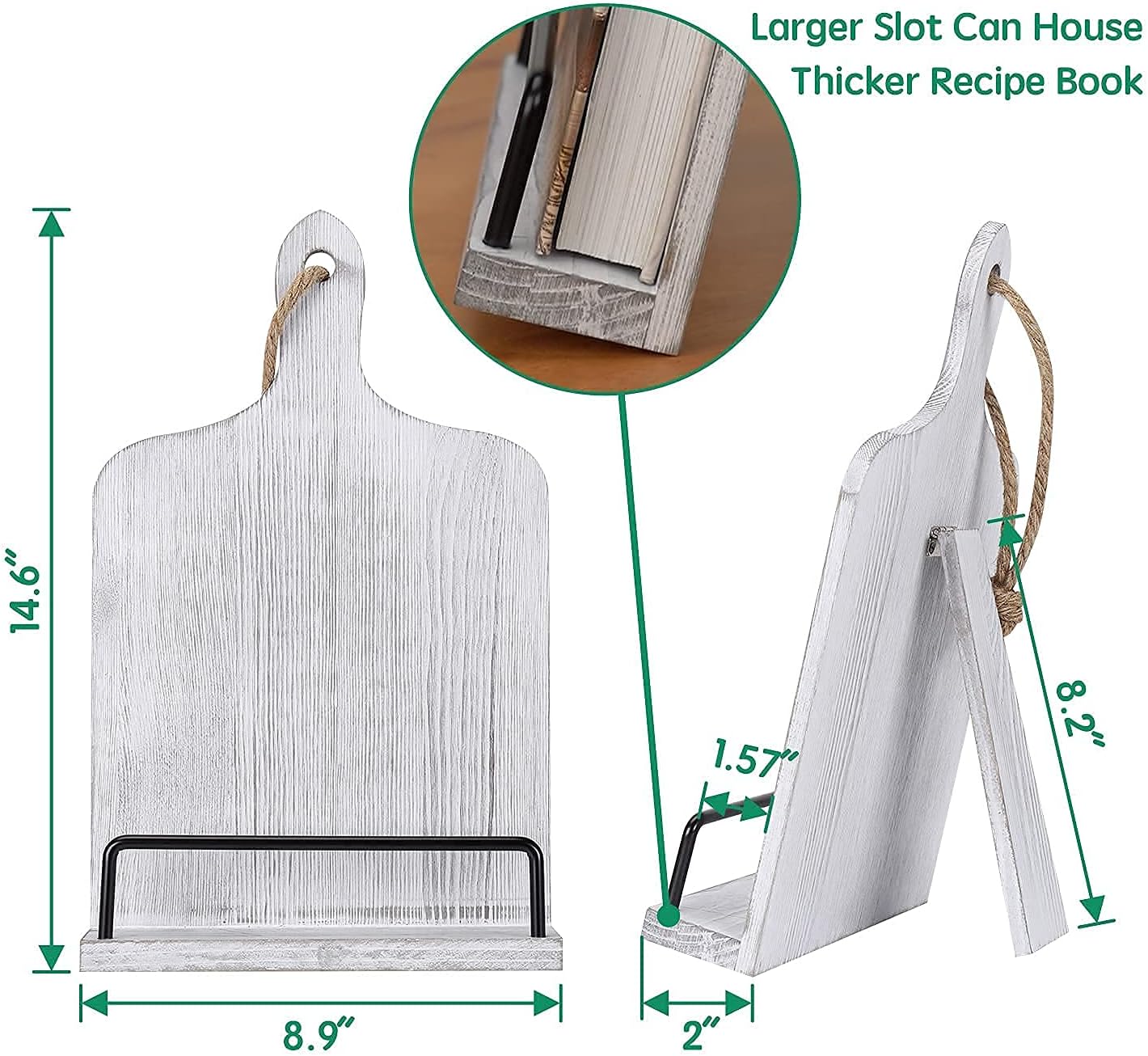Soligt Cookbook Stand for Kitchen Counter - White | Adjustable Recipe Book Holder Rustic Wood Cutting Board Style
